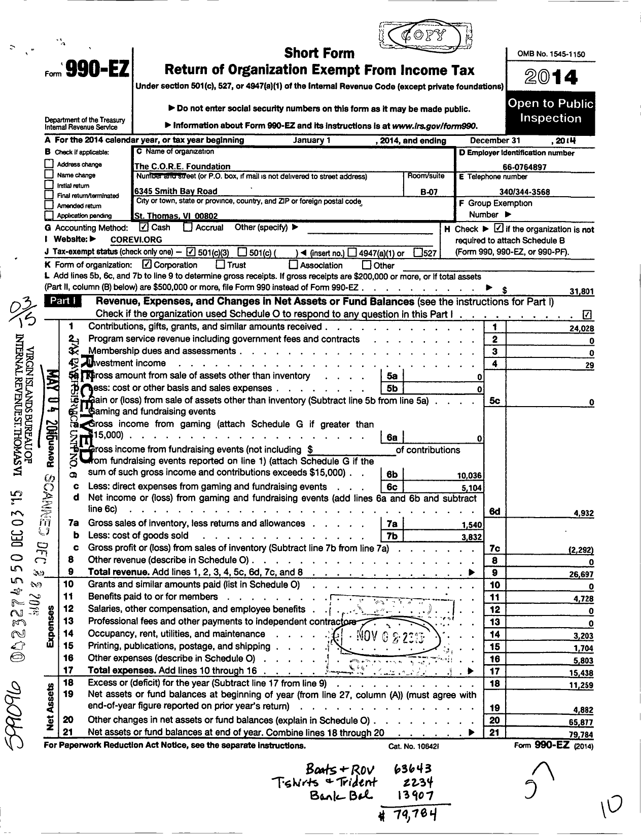 Image of first page of 2014 Form 990EZ for Core Foundation