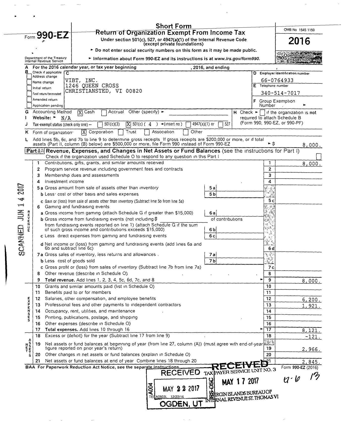 Image of first page of 2016 Form 990EO for Vibt