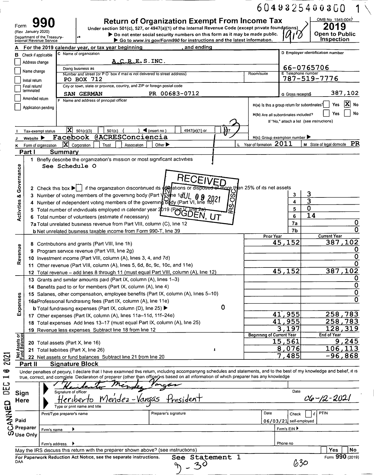 Image of first page of 2019 Form 990 for Acres