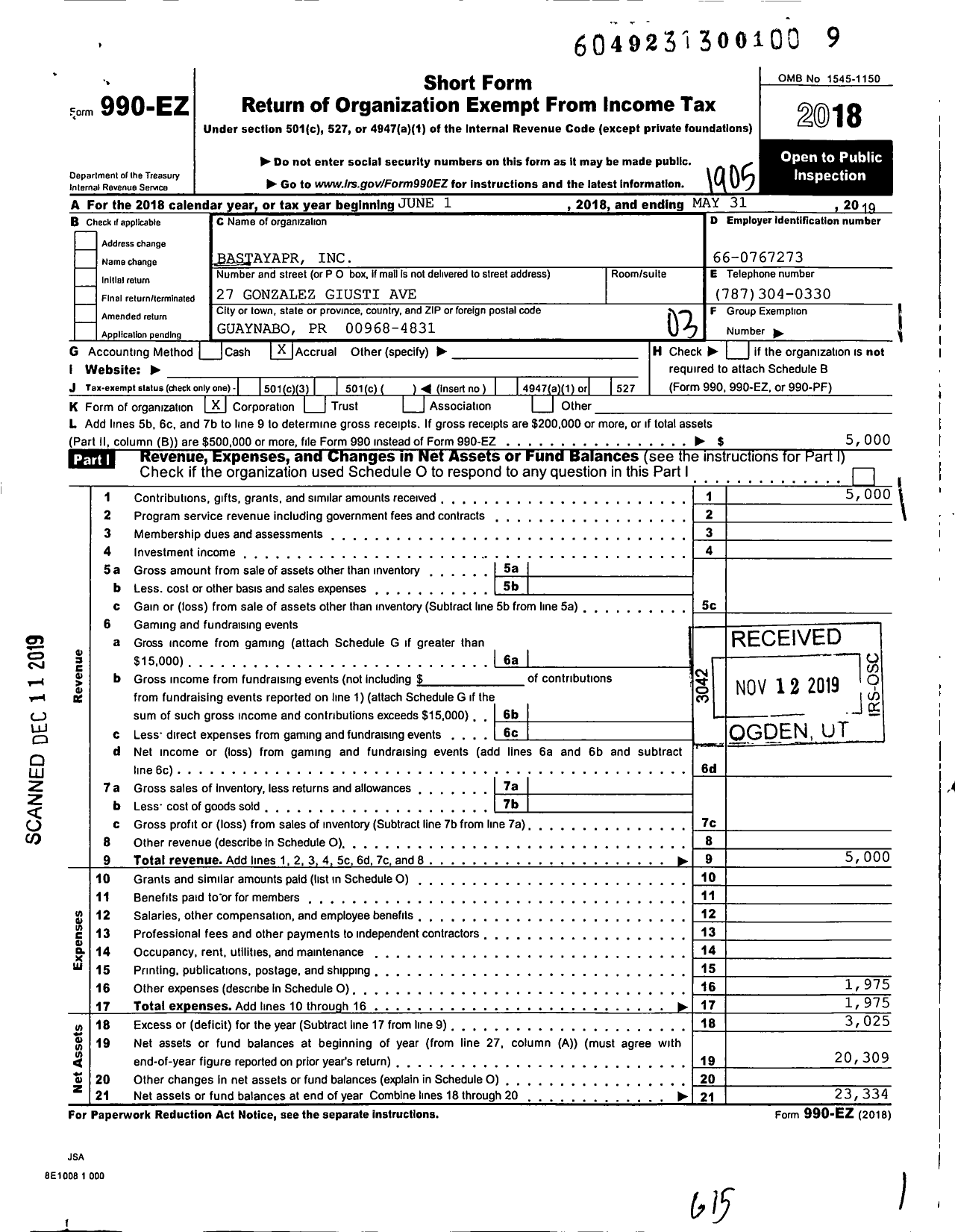 Image of first page of 2018 Form 990EZ for Bastayapr