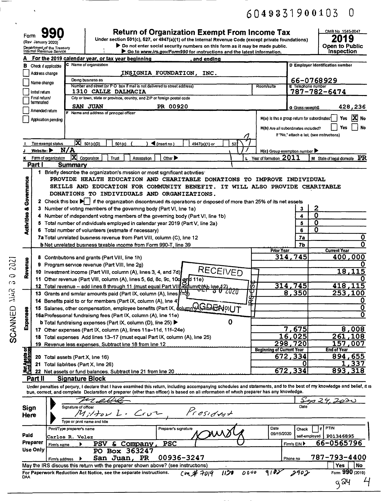 Image of first page of 2019 Form 990 for Insignia Foundation