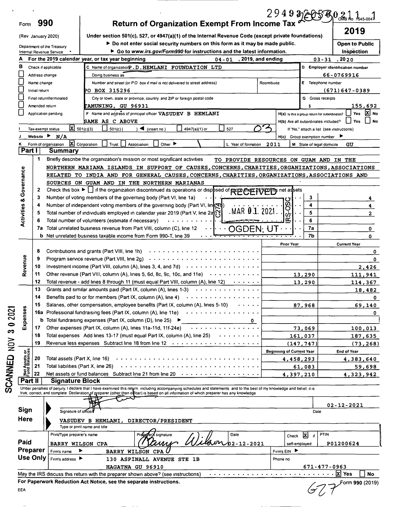 Image of first page of 2019 Form 990 for PD Hemlani Foundation