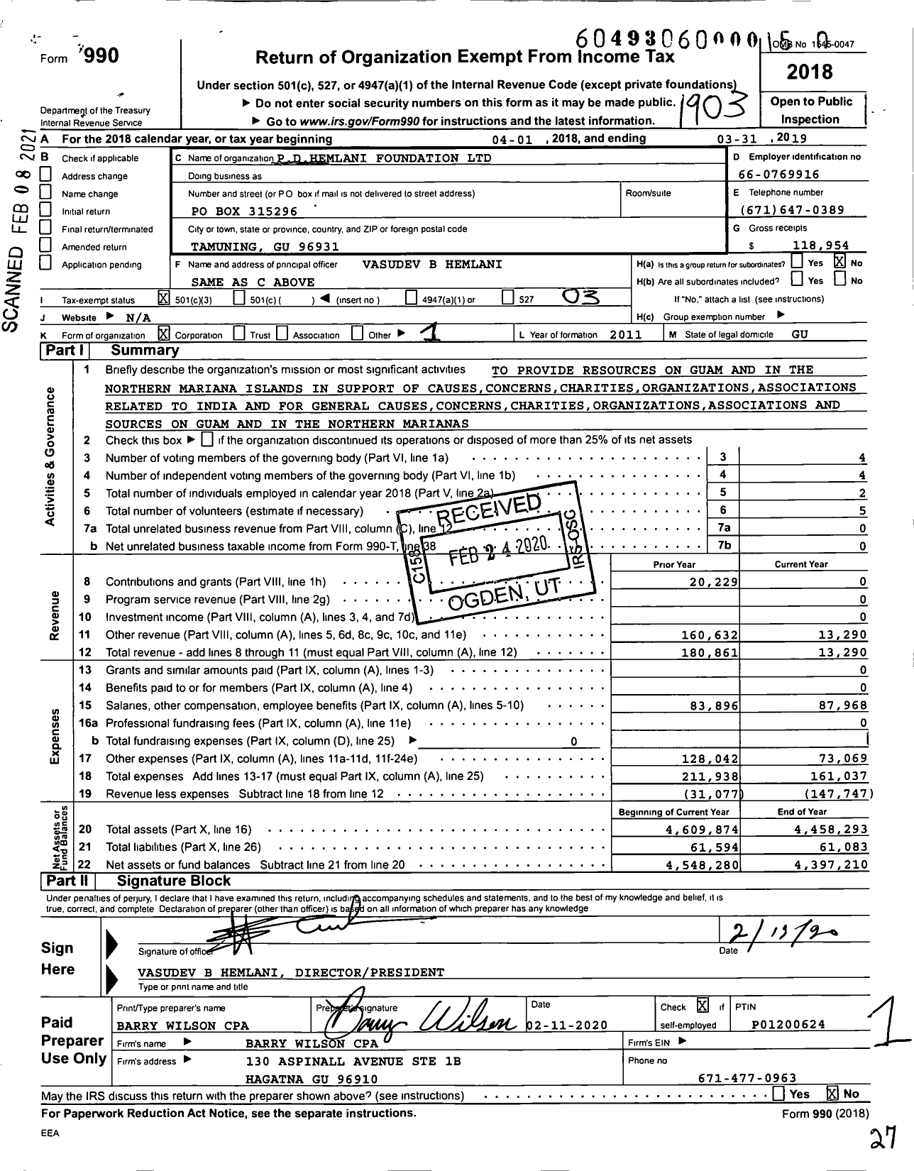 Image of first page of 2018 Form 990 for PD Hemlani Foundation