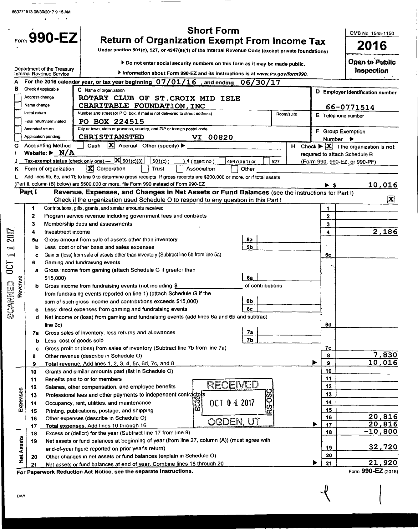 Image of first page of 2016 Form 990EZ for Rotary Club of St Croix Mid Isle Charitable Foundation