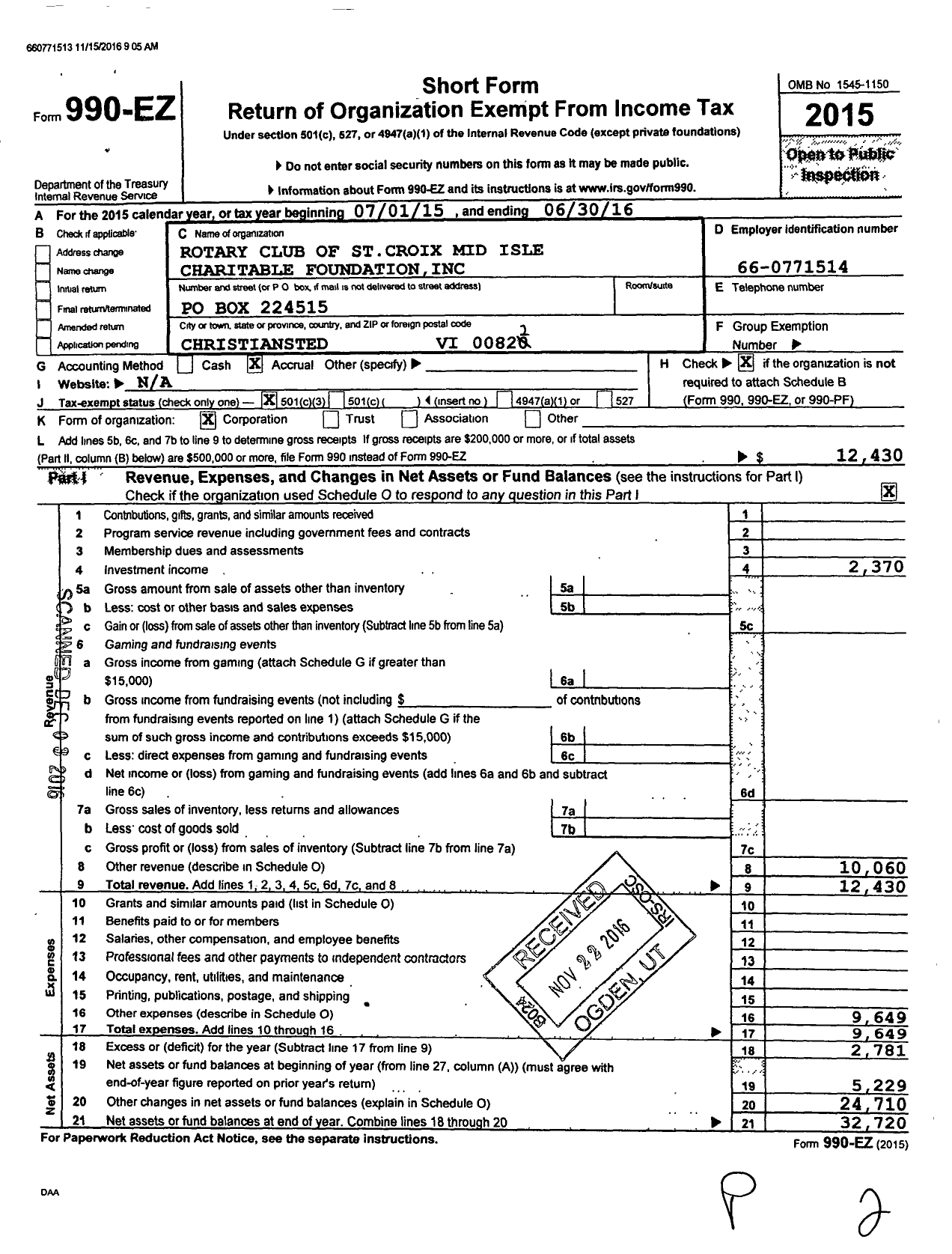 Image of first page of 2015 Form 990EZ for Rotary Club of St Croix Mid Isle Charitable Foundation