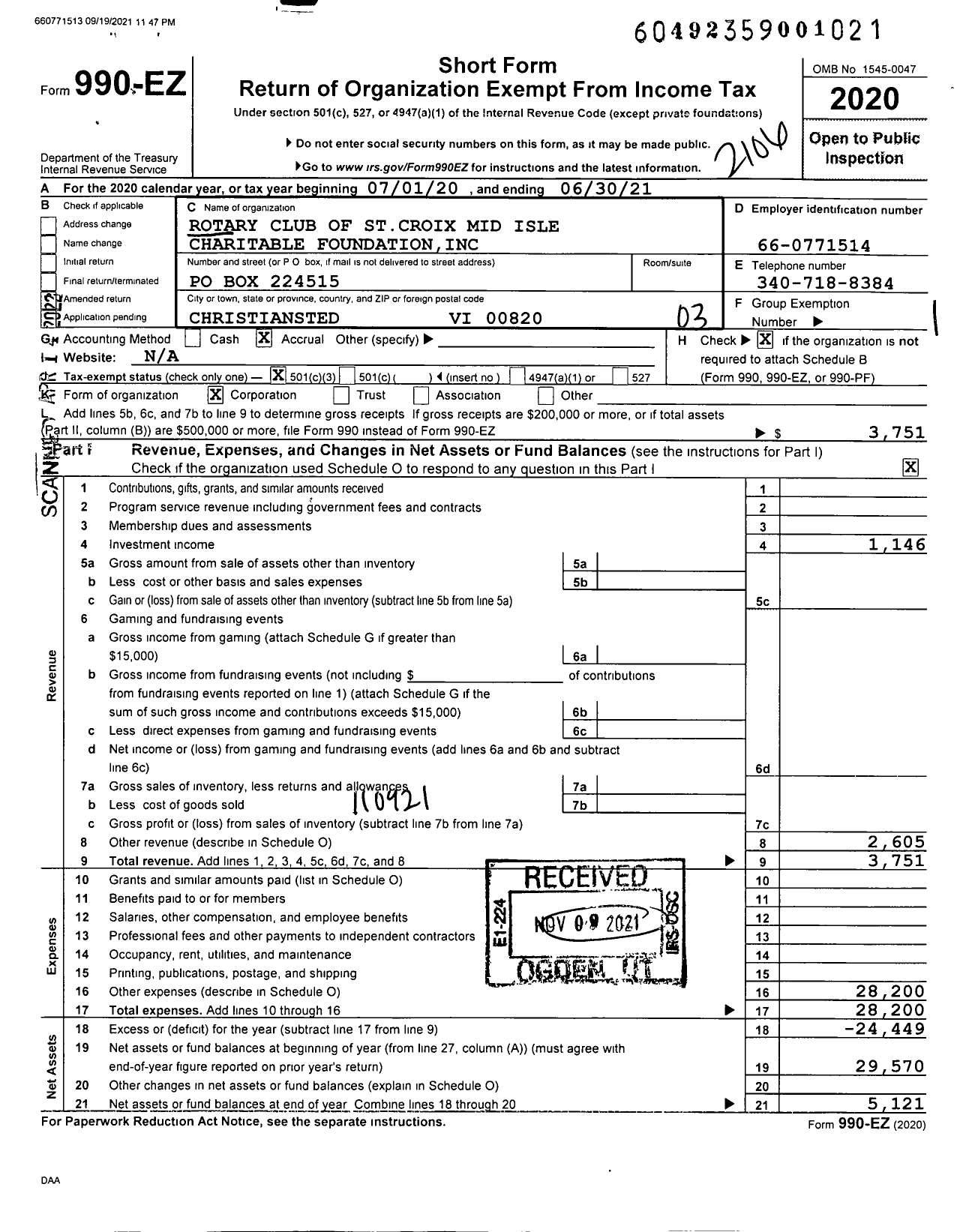 Image of first page of 2020 Form 990EZ for Rotary Club of St Croix Mid Isle Charitable Foundation
