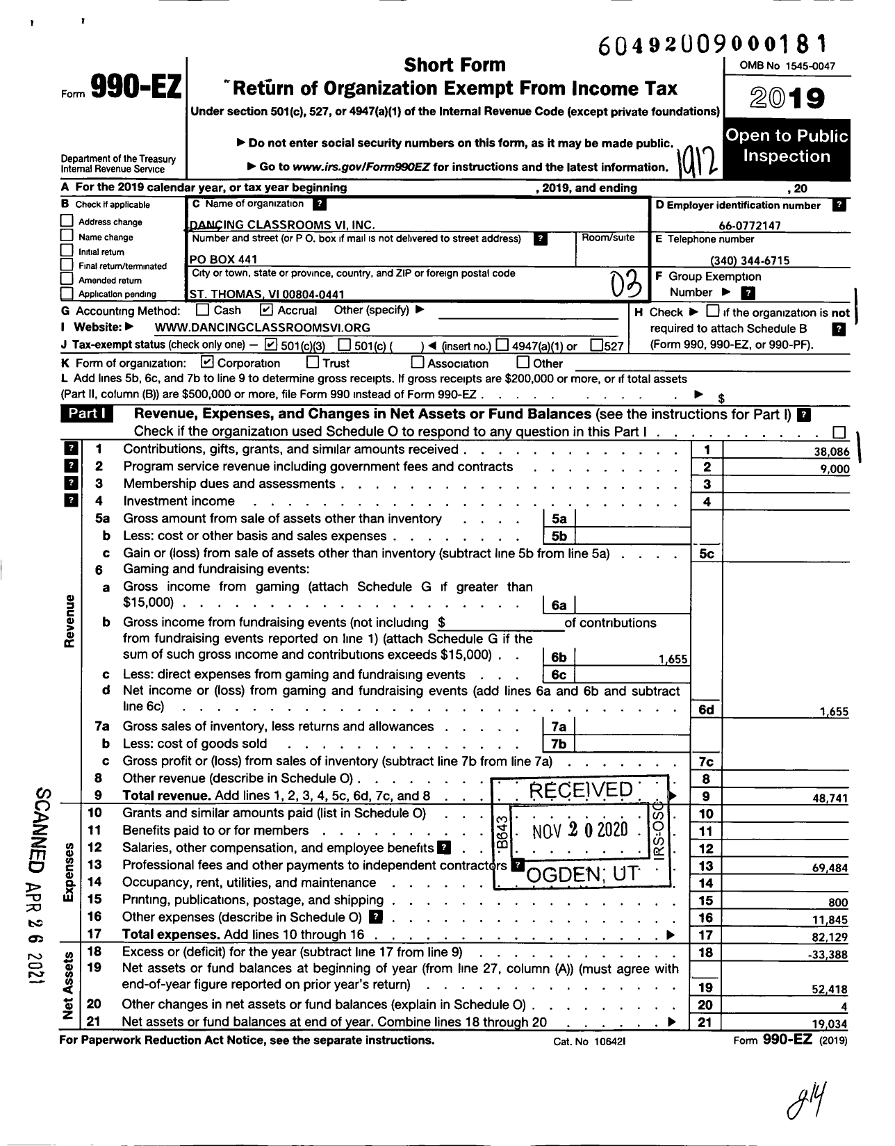 Image of first page of 2019 Form 990EZ for Dancing Classrooms Vi