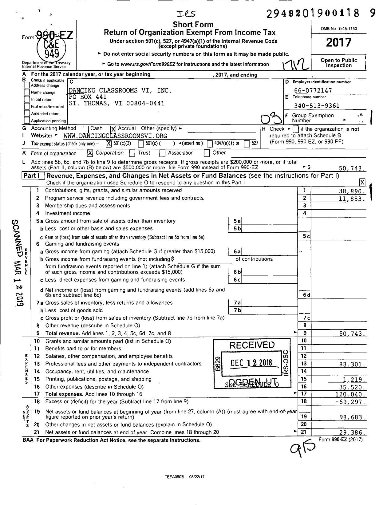 Image of first page of 2017 Form 990EZ for Dancing Classrooms Vi