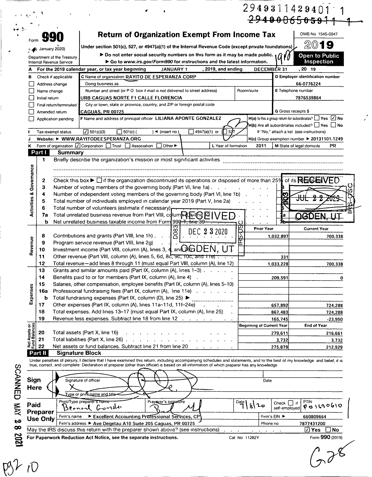 Image of first page of 2019 Form 990 for Rayito de Esperanza Corporation