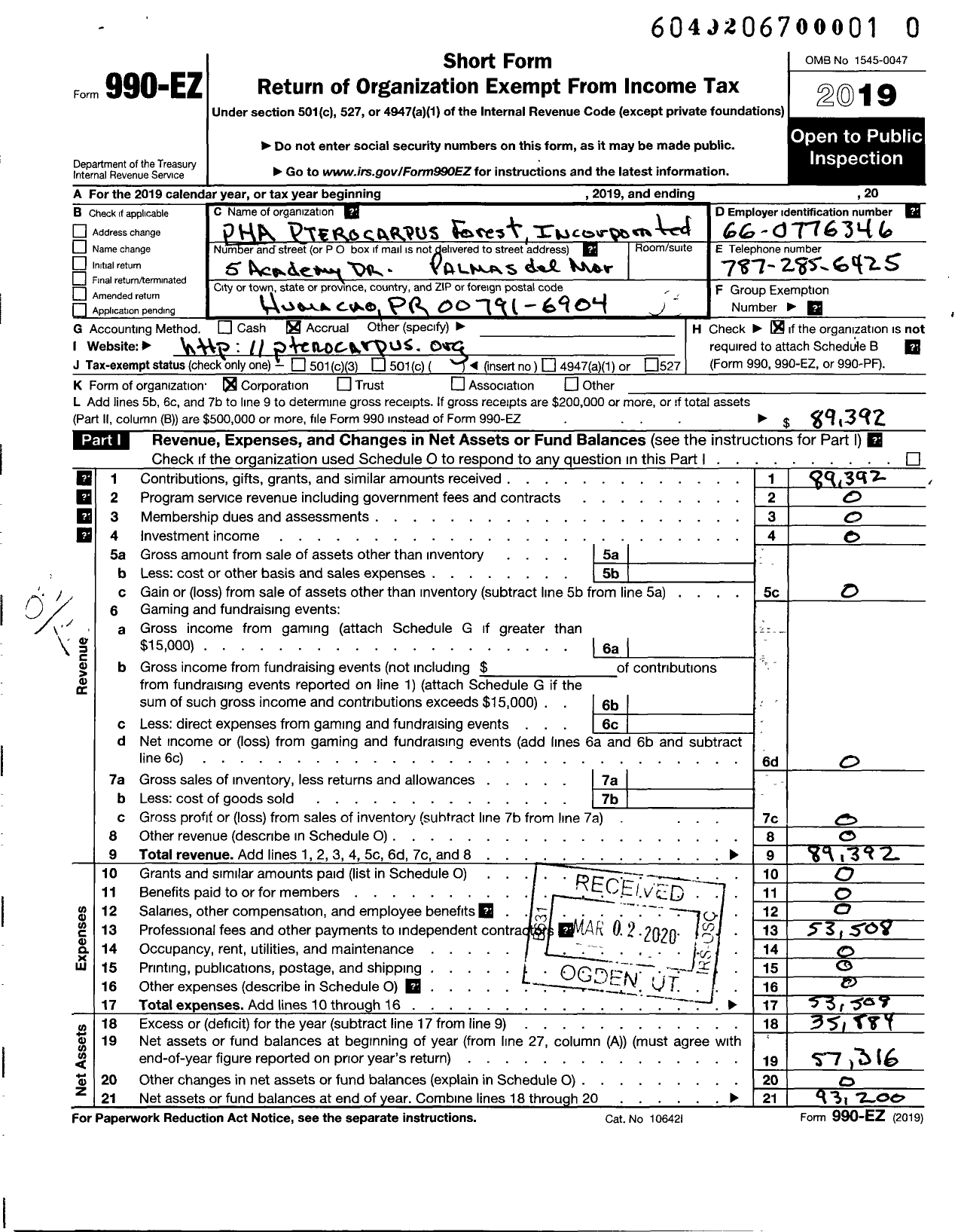 Image of first page of 2019 Form 990EZ for Pha Pterocarpus Forest