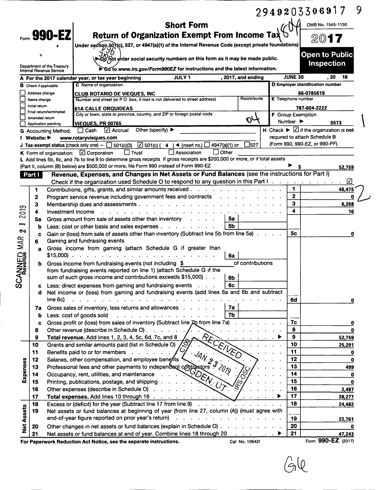 Image of first page of 2017 Form 990EO for Rotary International - Vieques