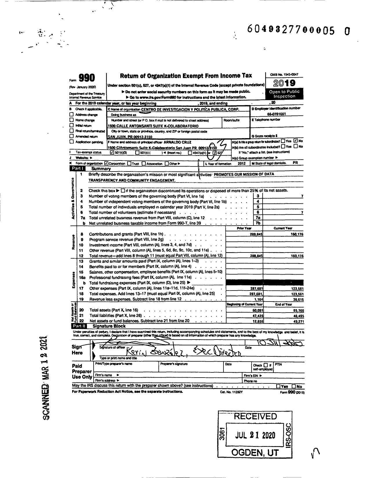 Image of first page of 2019 Form 990 for Centro de Investigacion Y Politica Publica Corporation