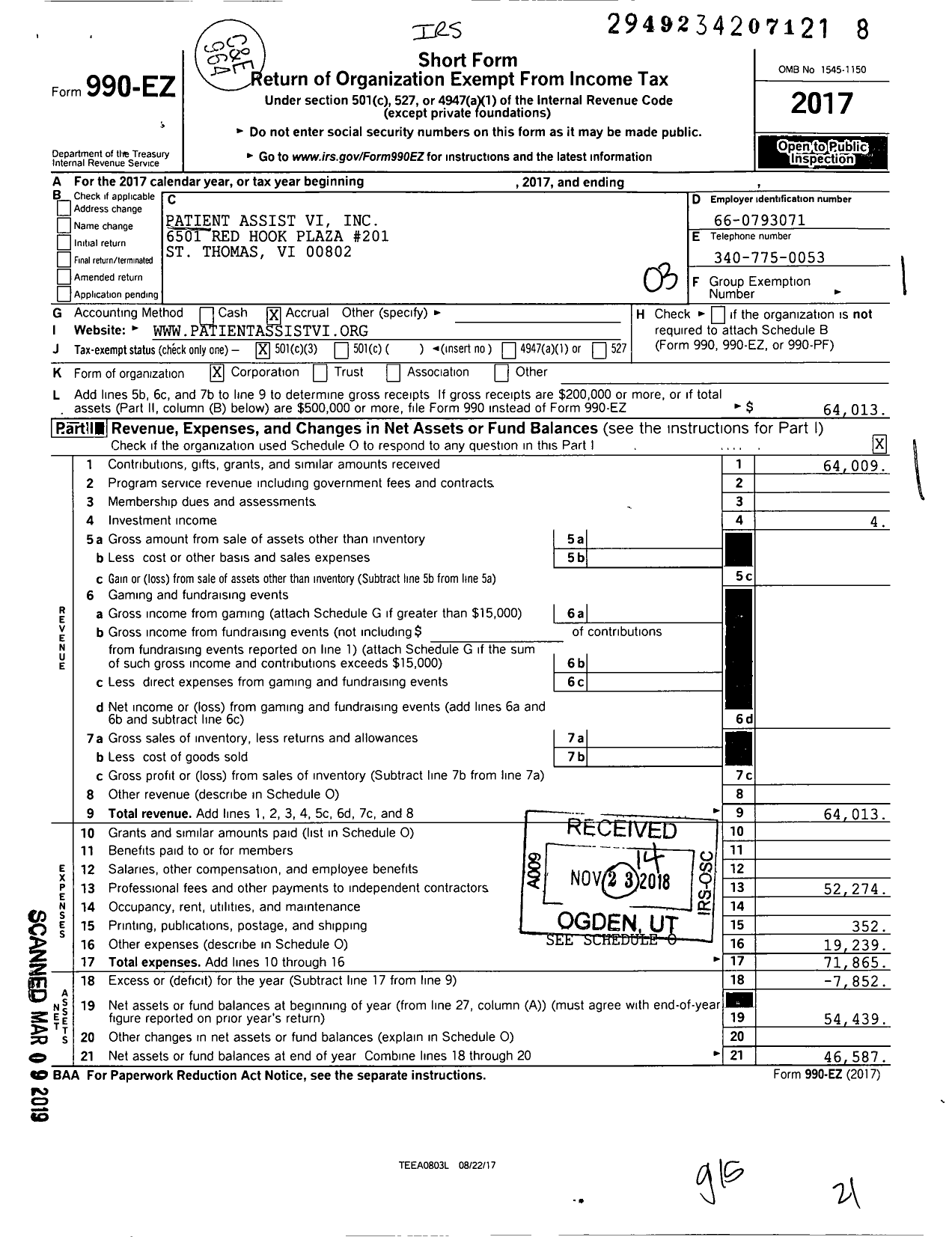 Image of first page of 2017 Form 990EZ for Patient Assist Vi