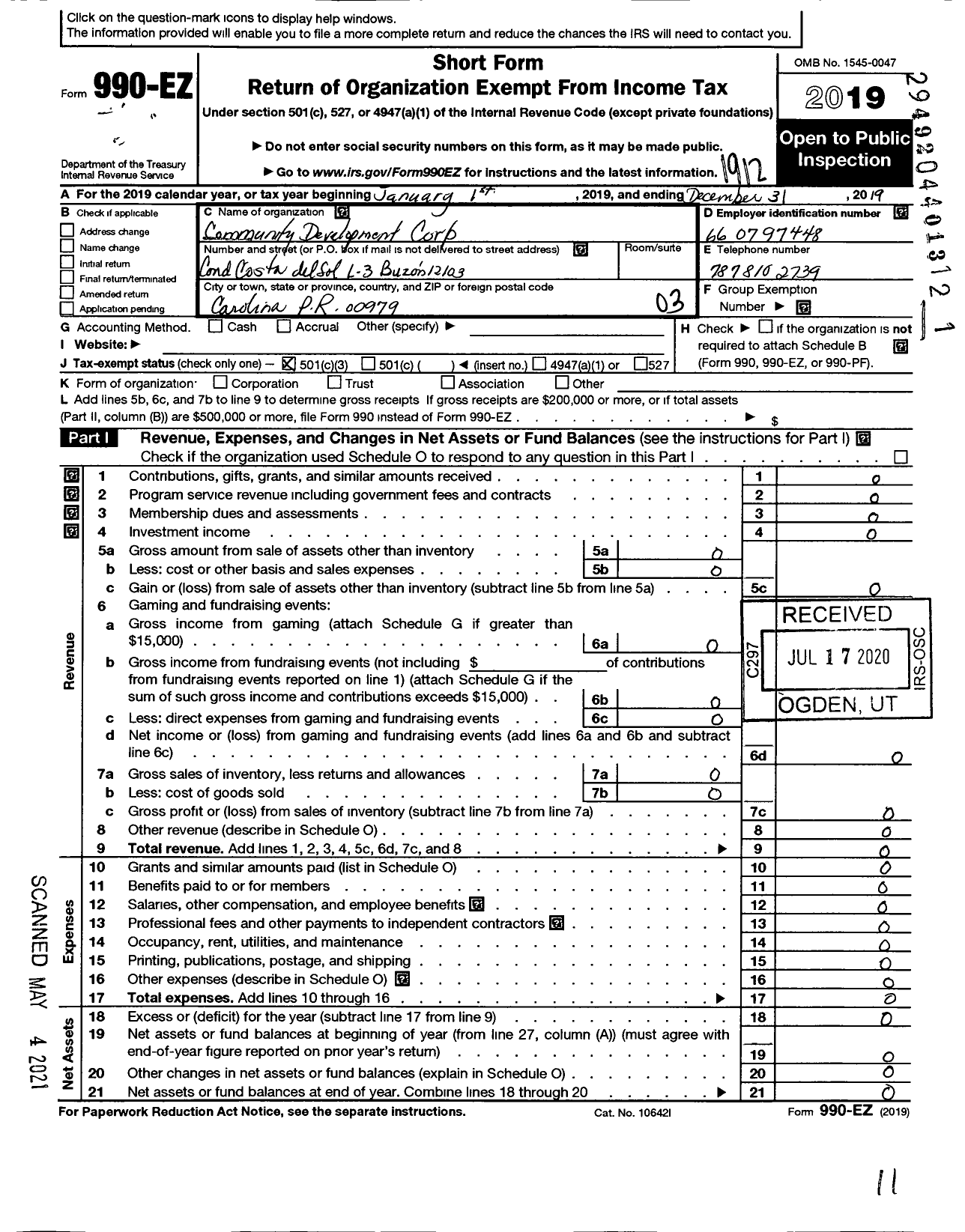 Image of first page of 2019 Form 990EZ for Community Development Corporation