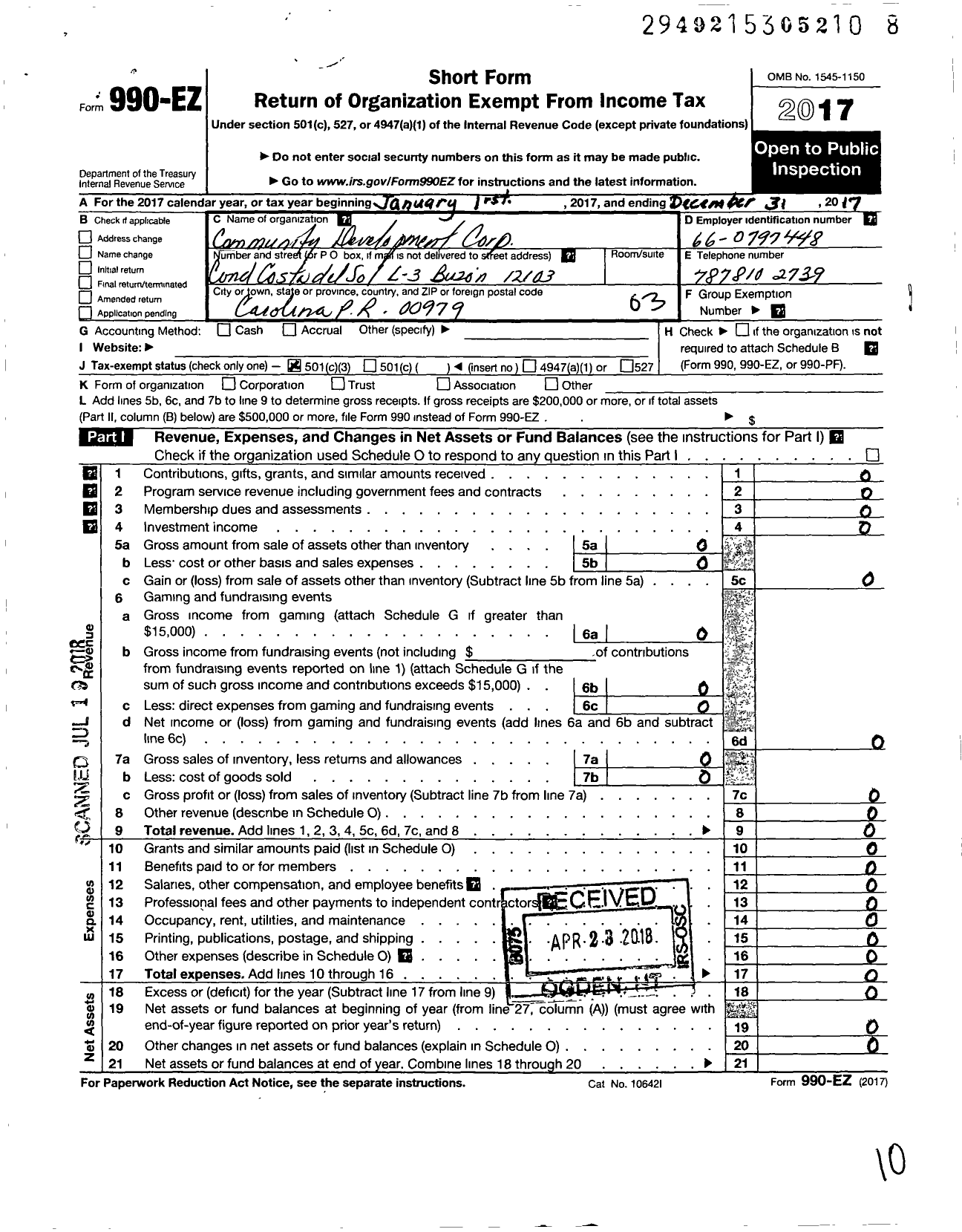 Image of first page of 2017 Form 990EZ for Community Development Corporation