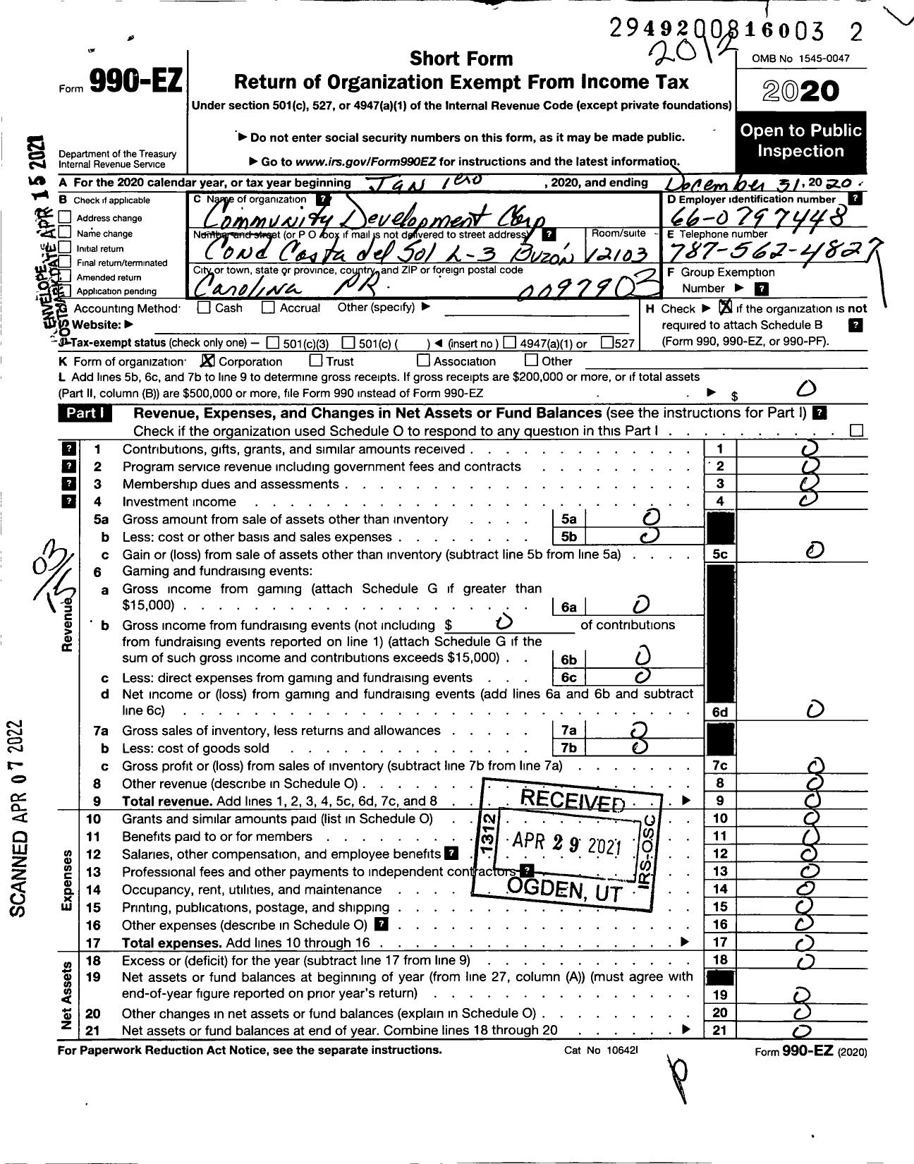 Image of first page of 2020 Form 990EZ for Community Development Corporation