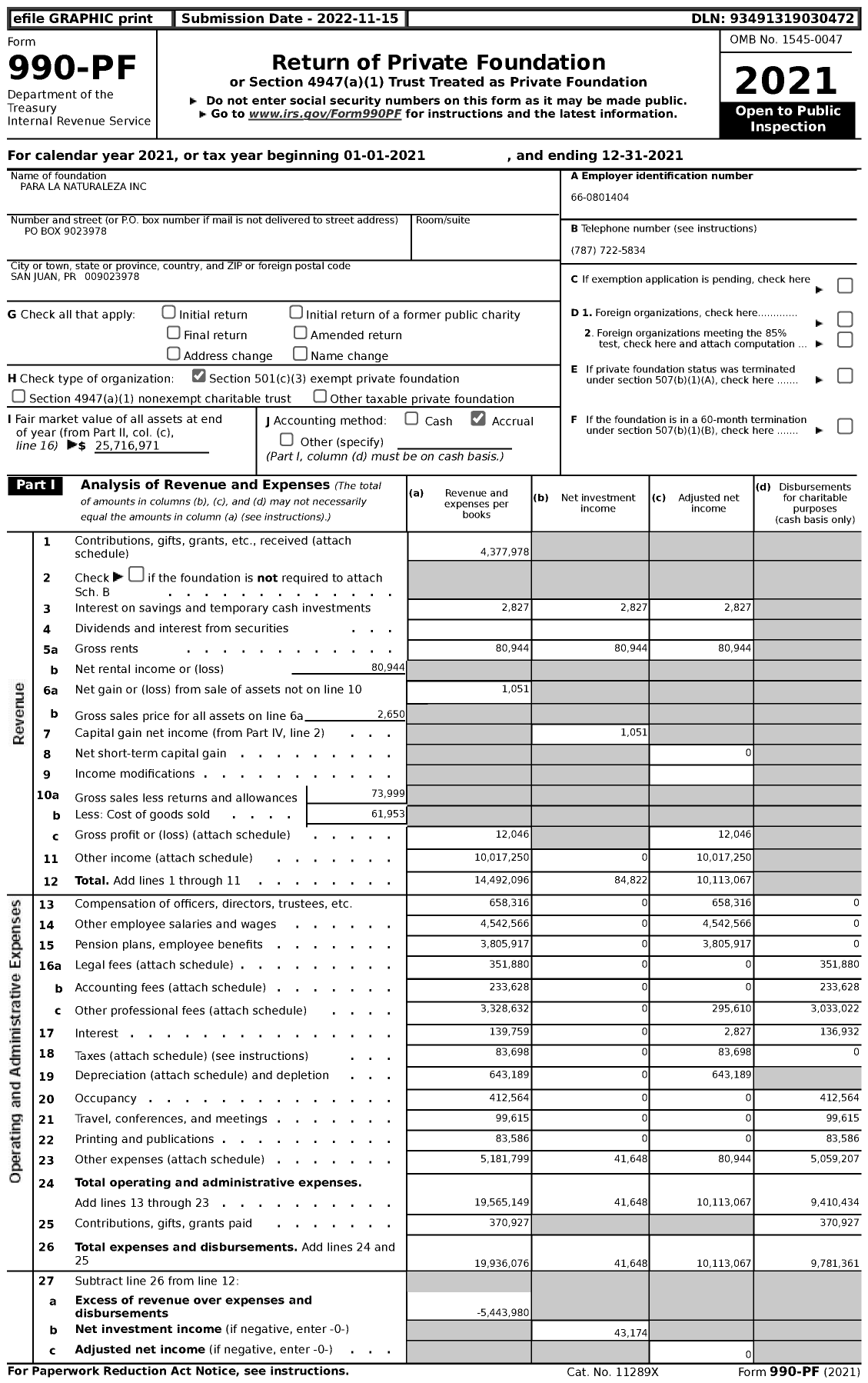 Image of first page of 2021 Form 990PF for Para La Naturaleza