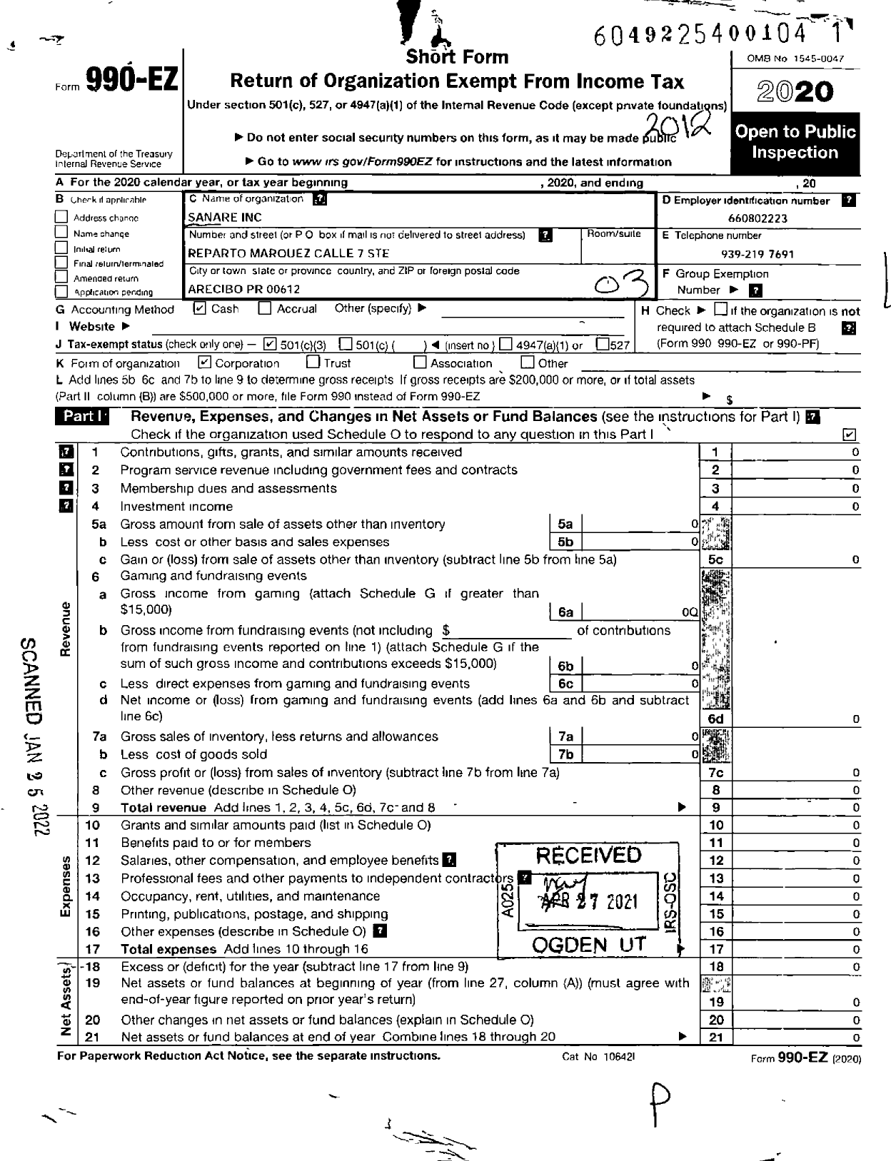 Image of first page of 2020 Form 990EZ for Sanare