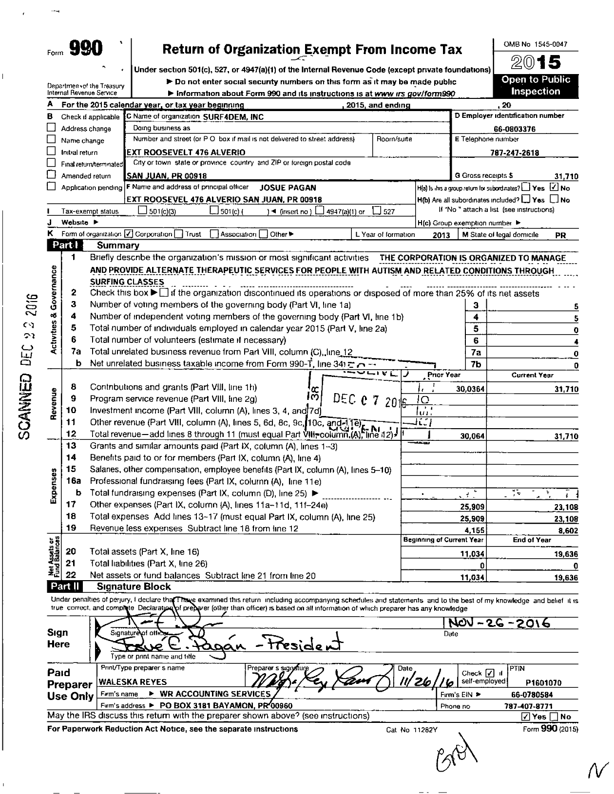 Image of first page of 2015 Form 990O for Surf4dem