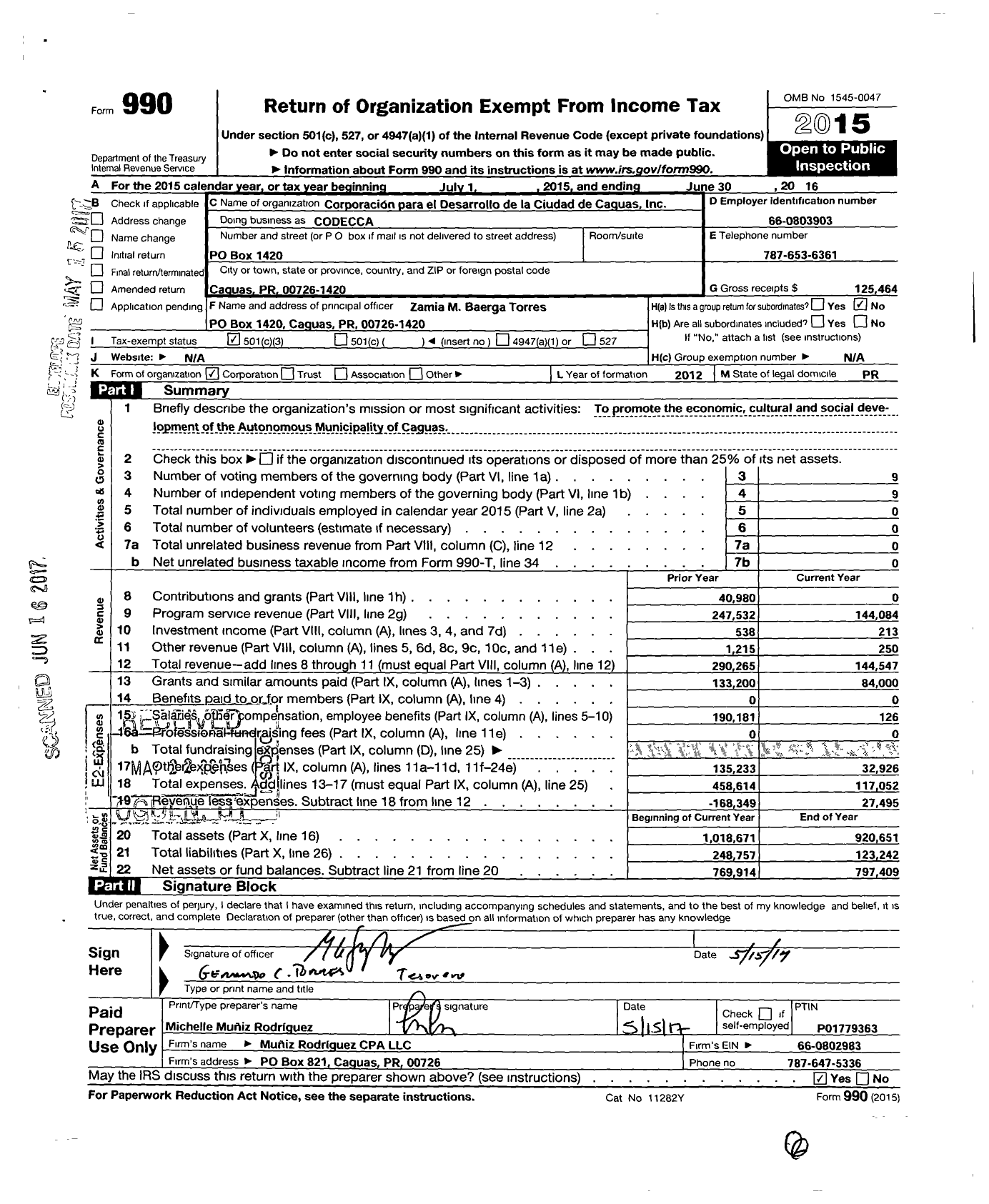 Image of first page of 2015 Form 990 for Corporacion Para El Desarrollo de La Ciudad de Caguas