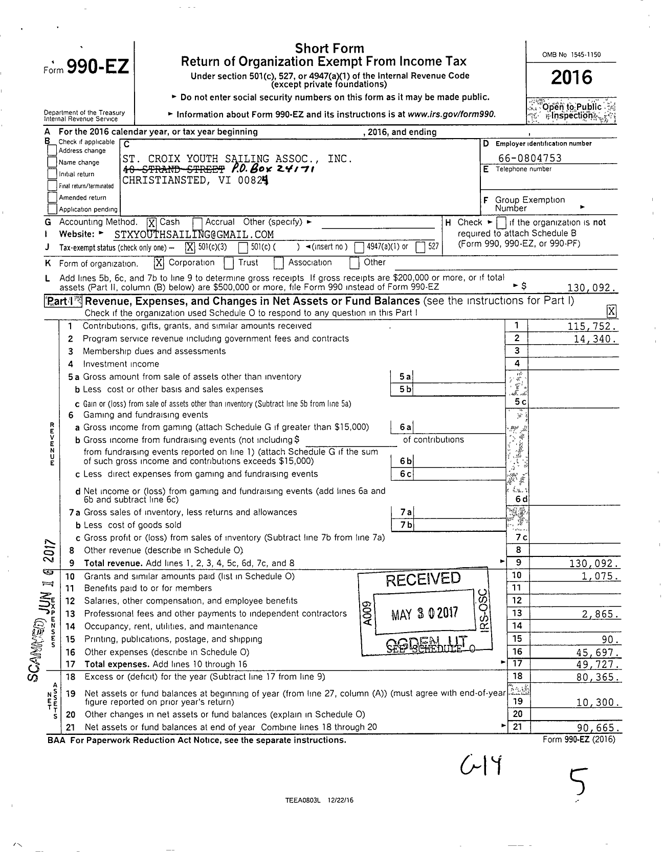 Image of first page of 2016 Form 990EZ for St Croix Youth Sailing Assoc