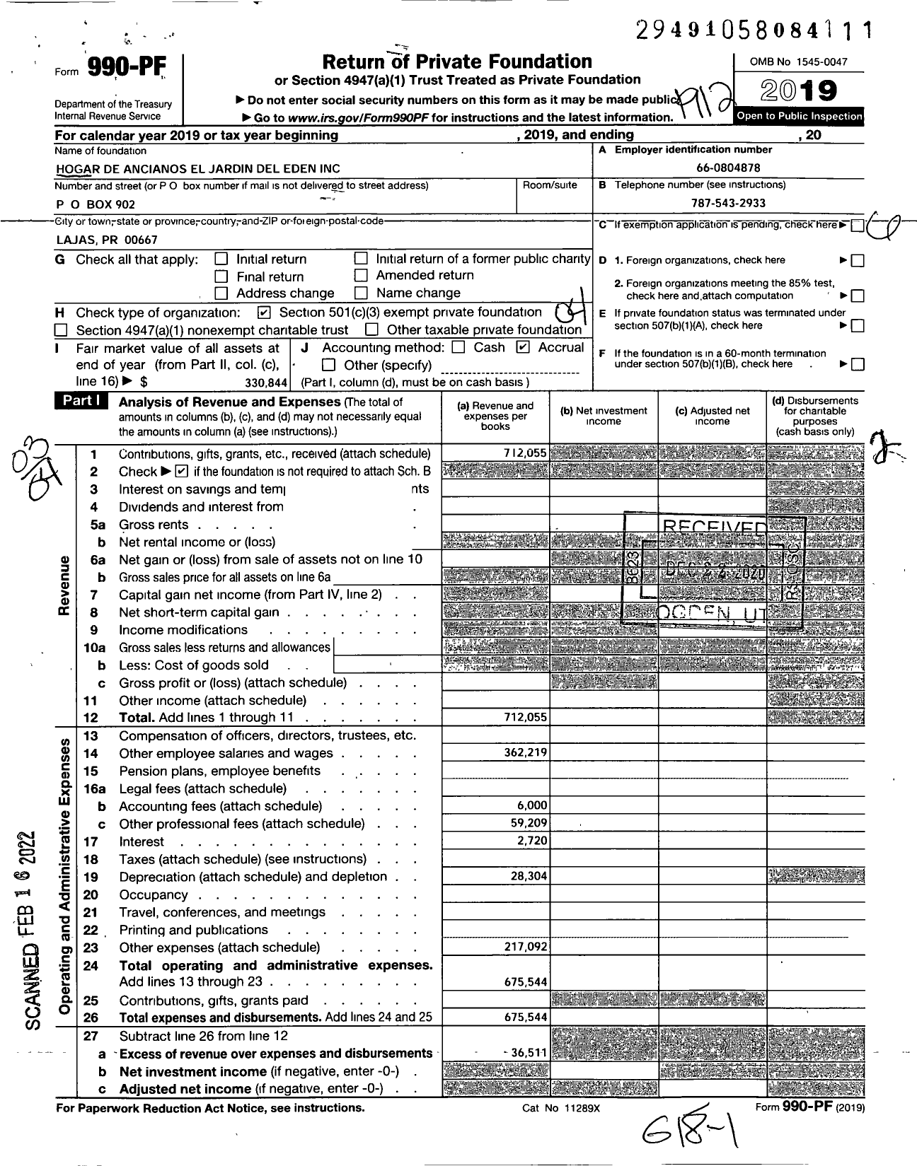 Image of first page of 2019 Form 990PF for Hogar de Ancianos El Jardin Del Eden