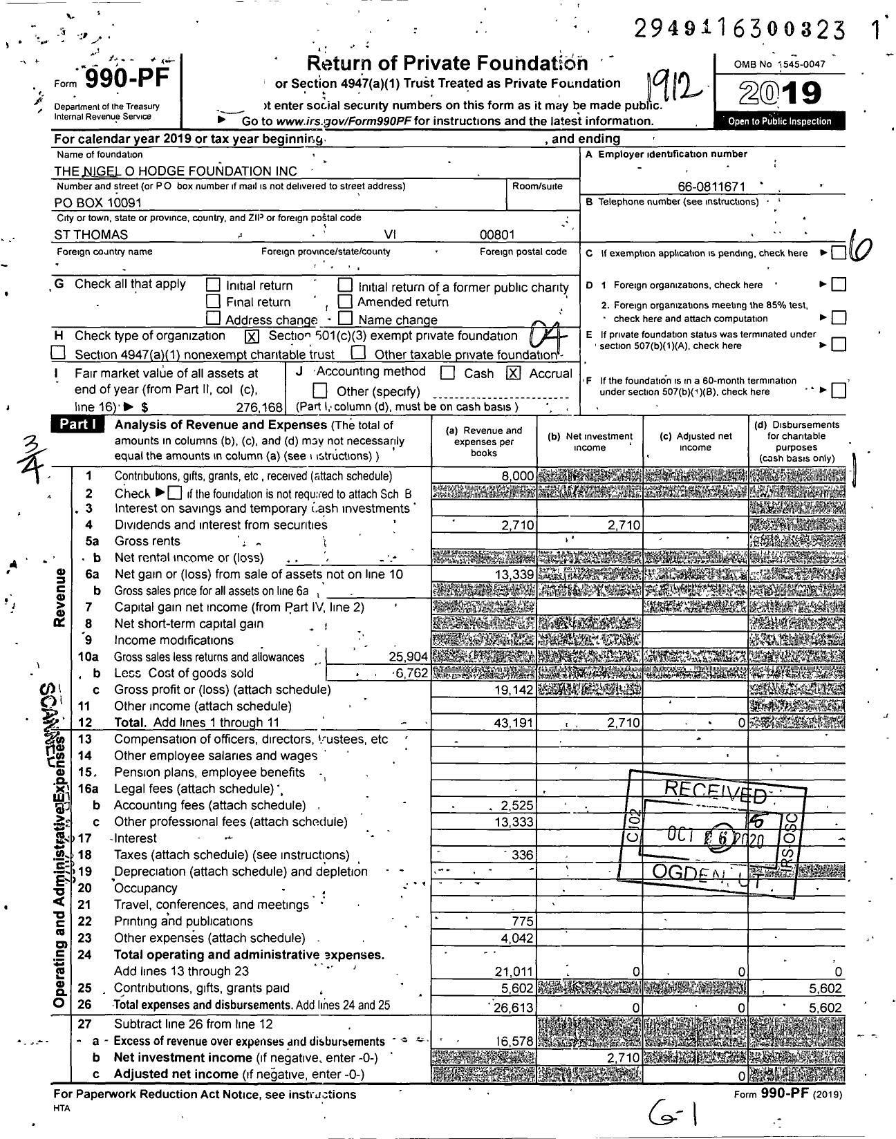 Image of first page of 2019 Form 990PF for The Nigel O Hodge Foundation