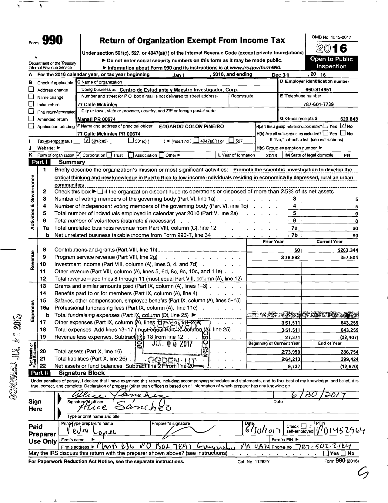 Image of first page of 2016 Form 990 for Centro de Estudiante Y Maestro