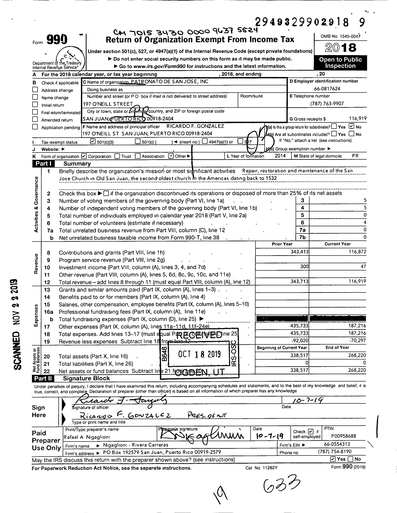 Image of first page of 2018 Form 990 for Patronato de San Jose