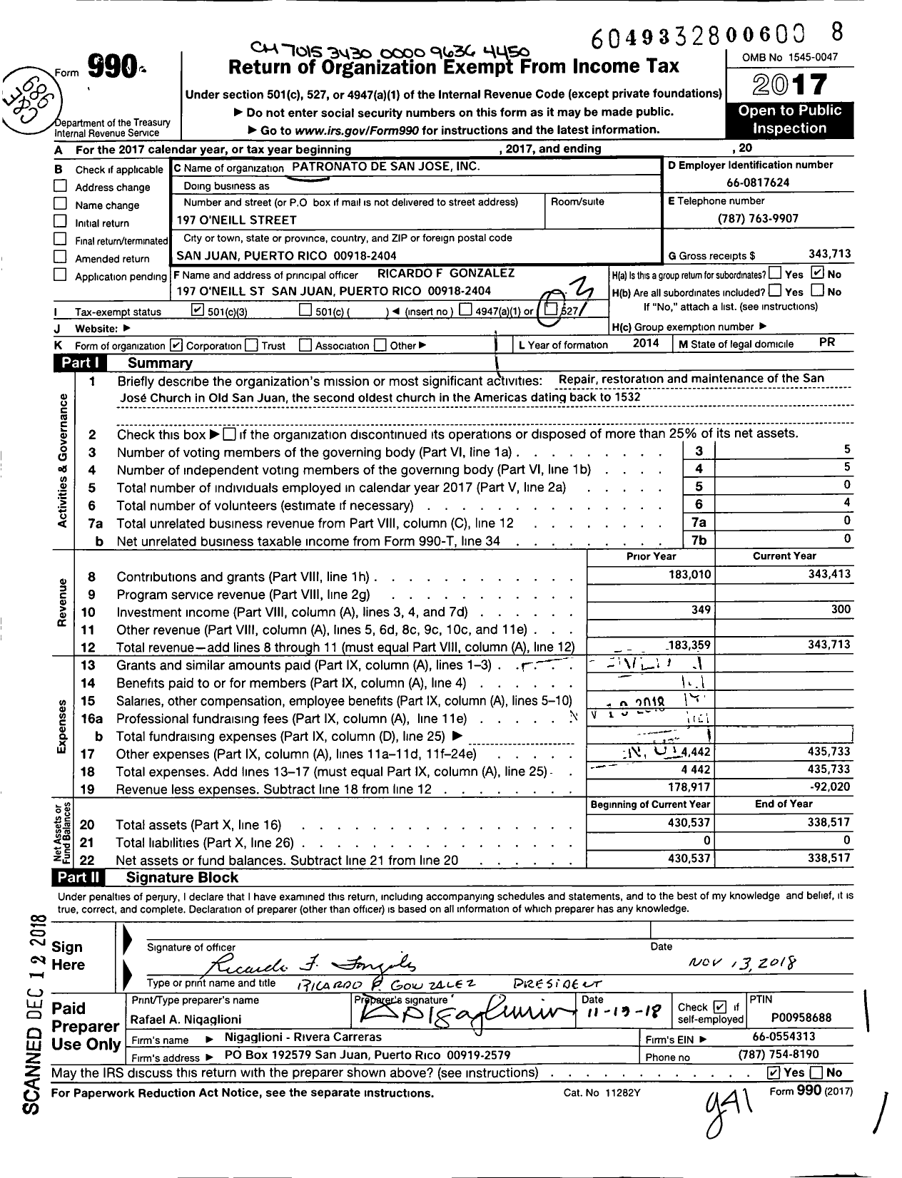 Image of first page of 2017 Form 990 for Patronato de San Jose