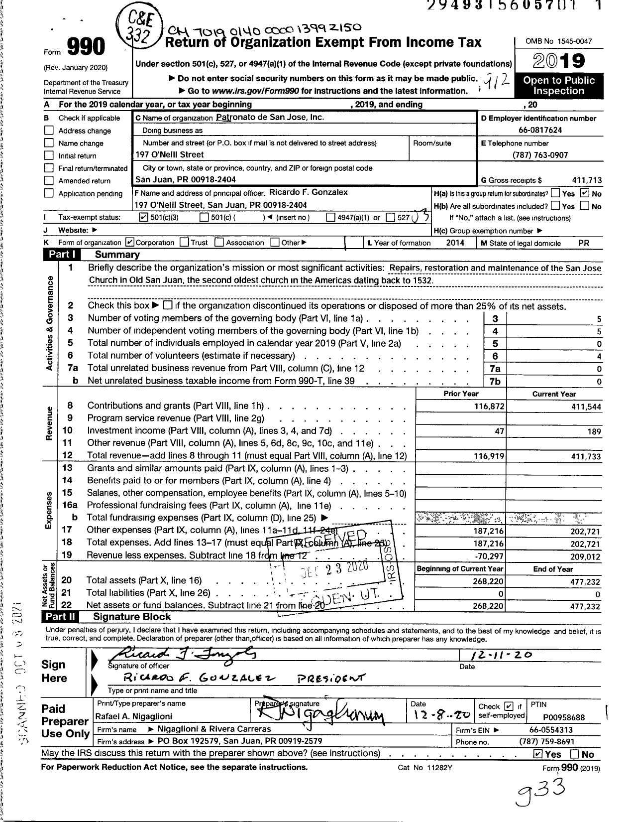 Image of first page of 2019 Form 990 for Patronato de San Jose