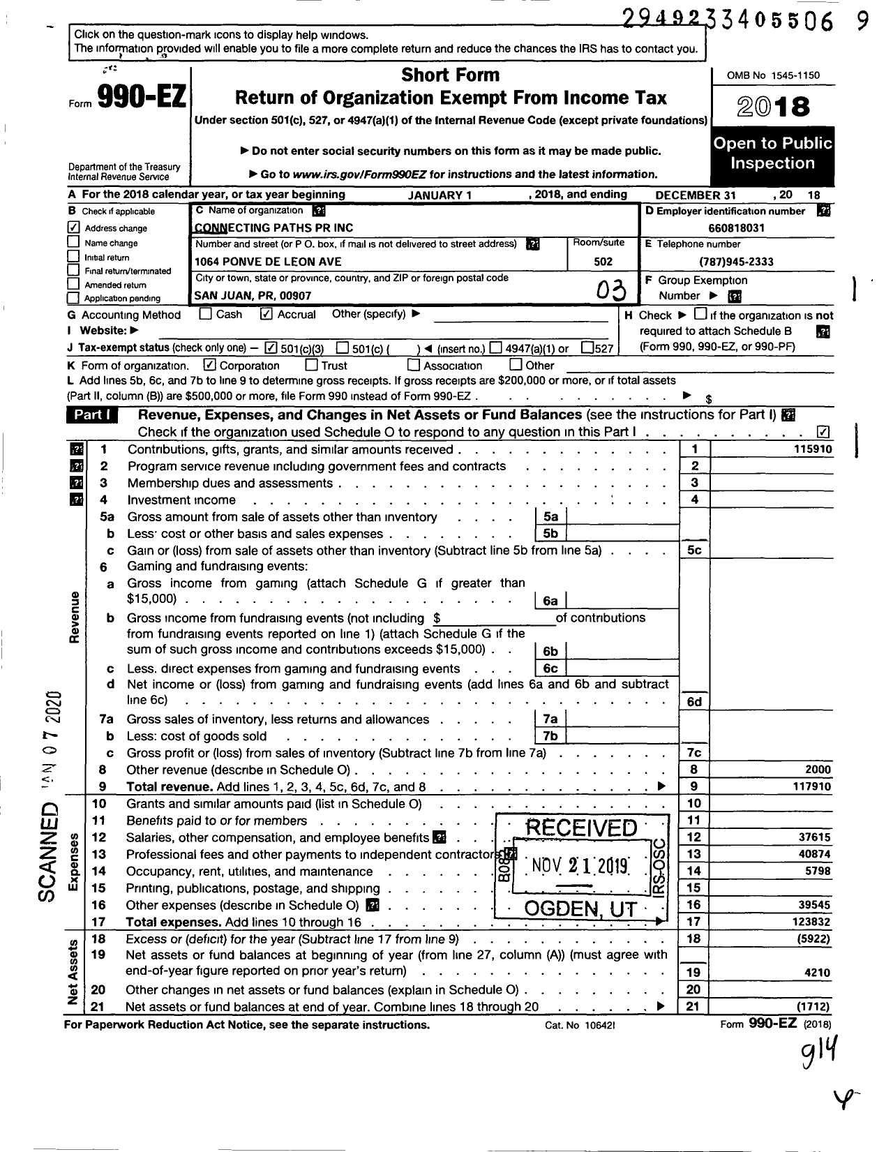 Image of first page of 2018 Form 990EZ for Connecting Paths PR