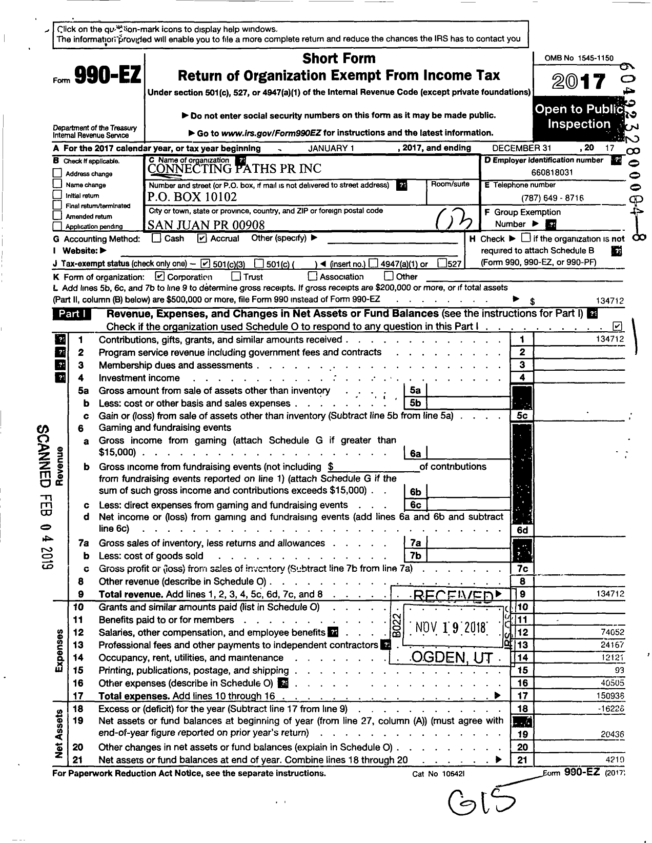 Image of first page of 2017 Form 990EZ for Connecting Paths PR