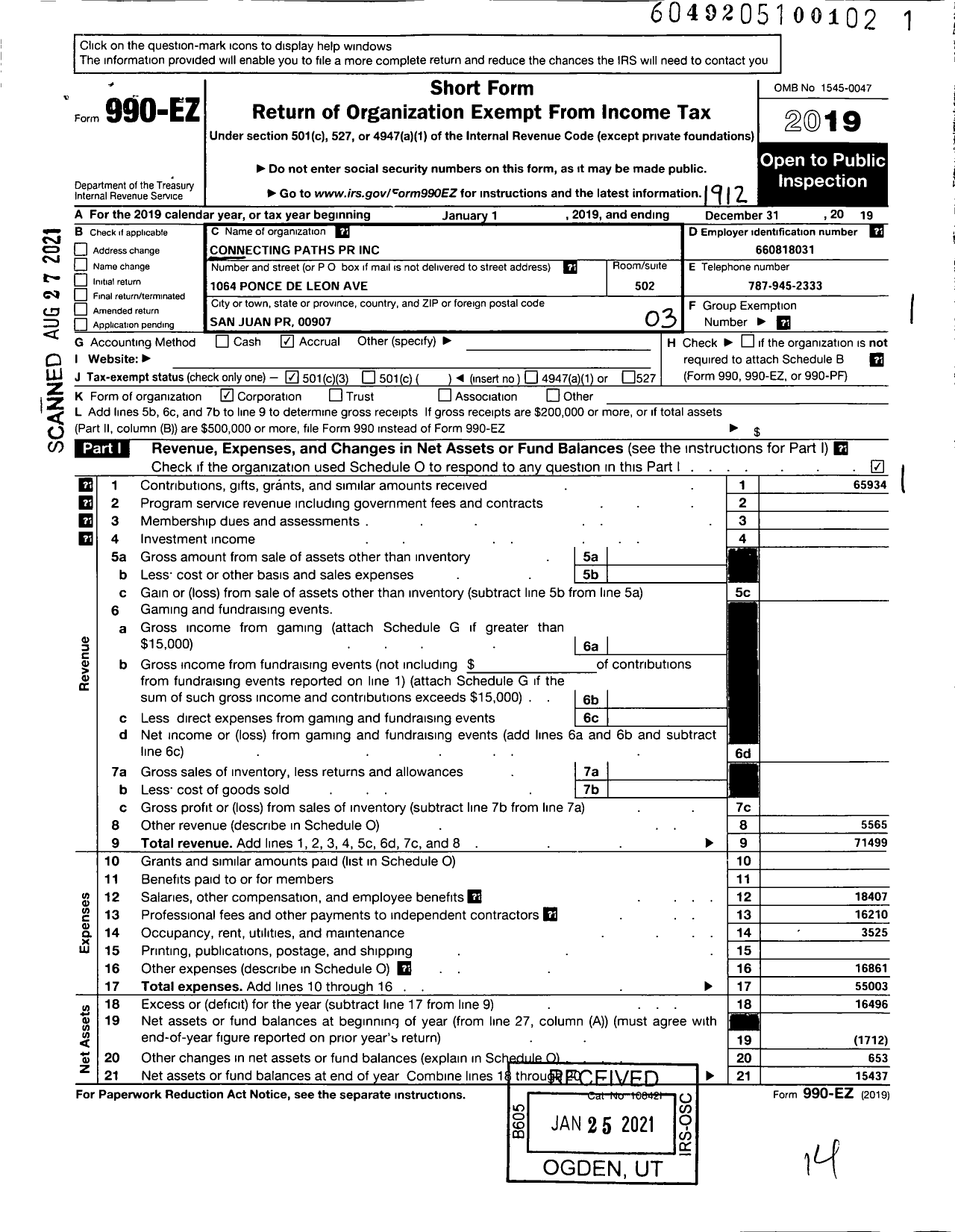 Image of first page of 2019 Form 990EZ for Connecting Paths PR