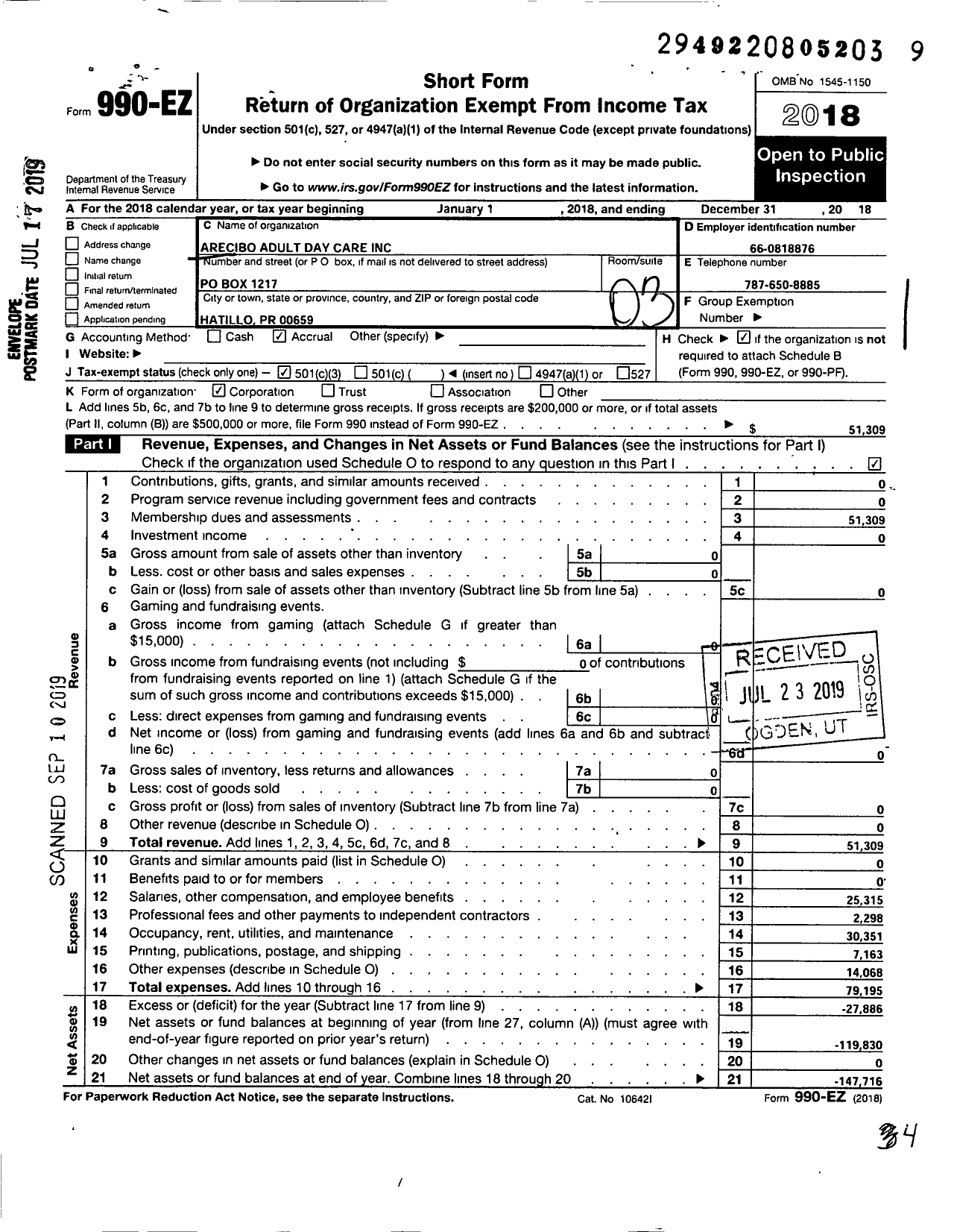 Image of first page of 2018 Form 990EZ for Arecibo Adult Day Care