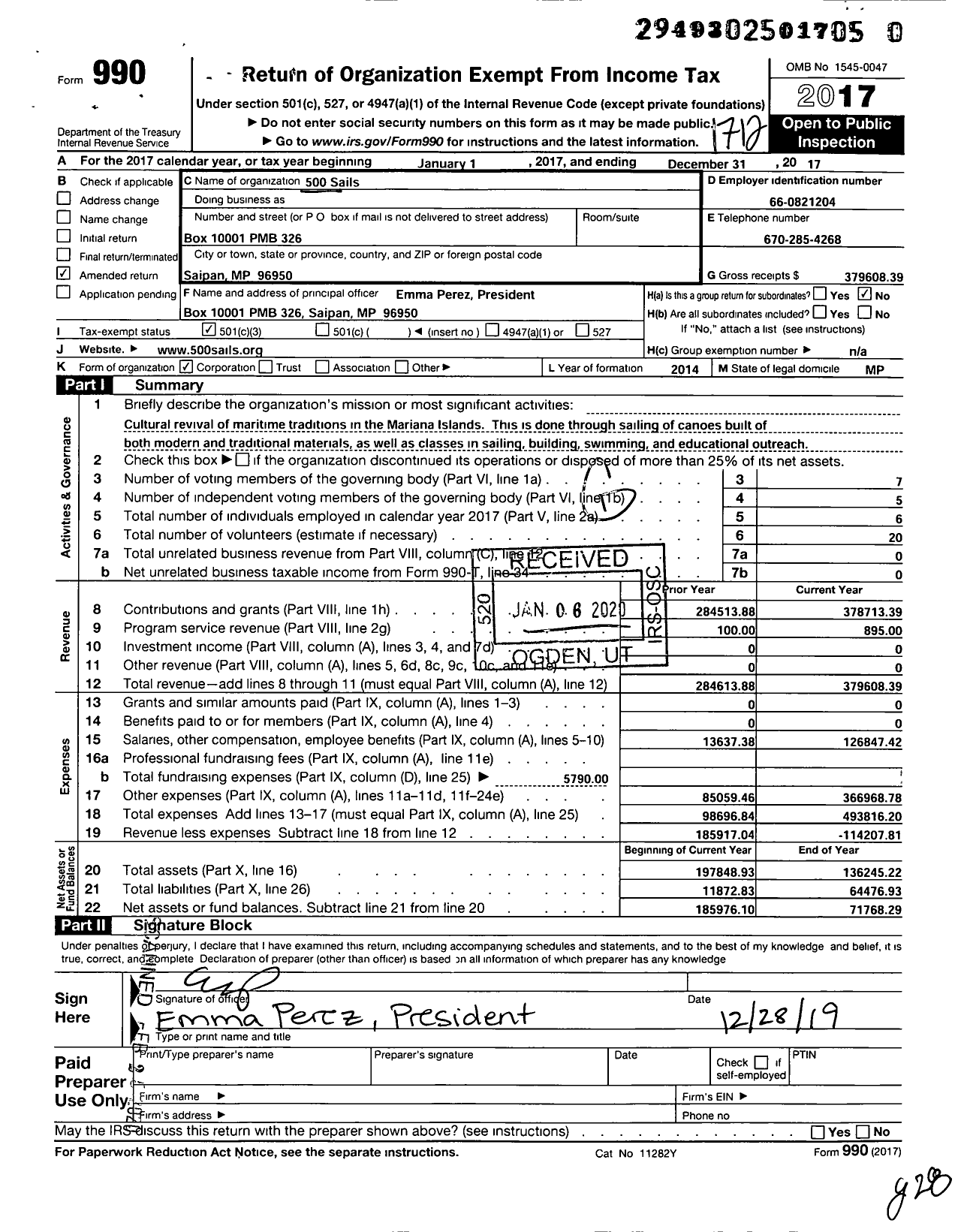 Image of first page of 2017 Form 990 for 500 Sails