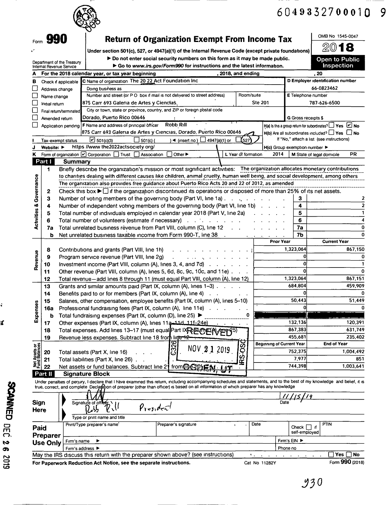 Image of first page of 2018 Form 990 for 2022 Act Foundation