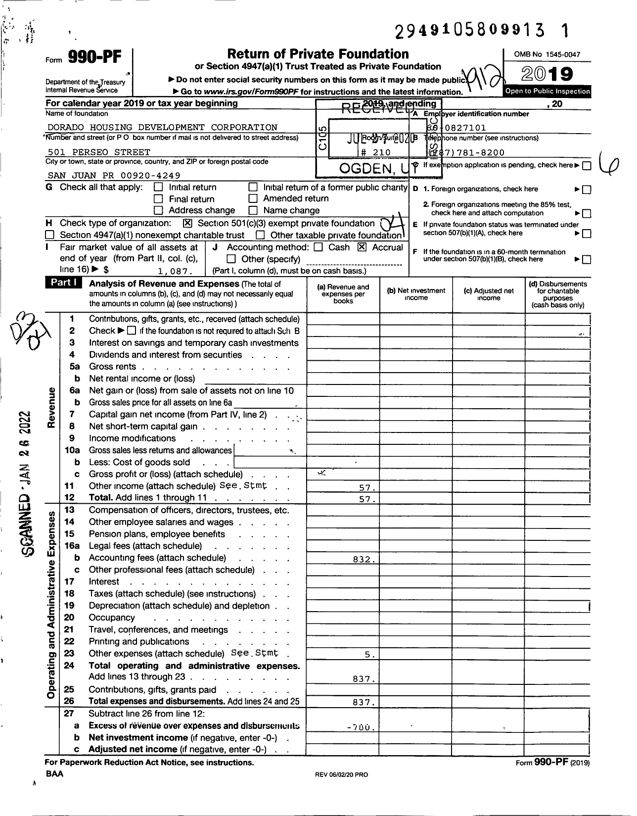 Image of first page of 2019 Form 990PF for Dorado Housing Development Corporation