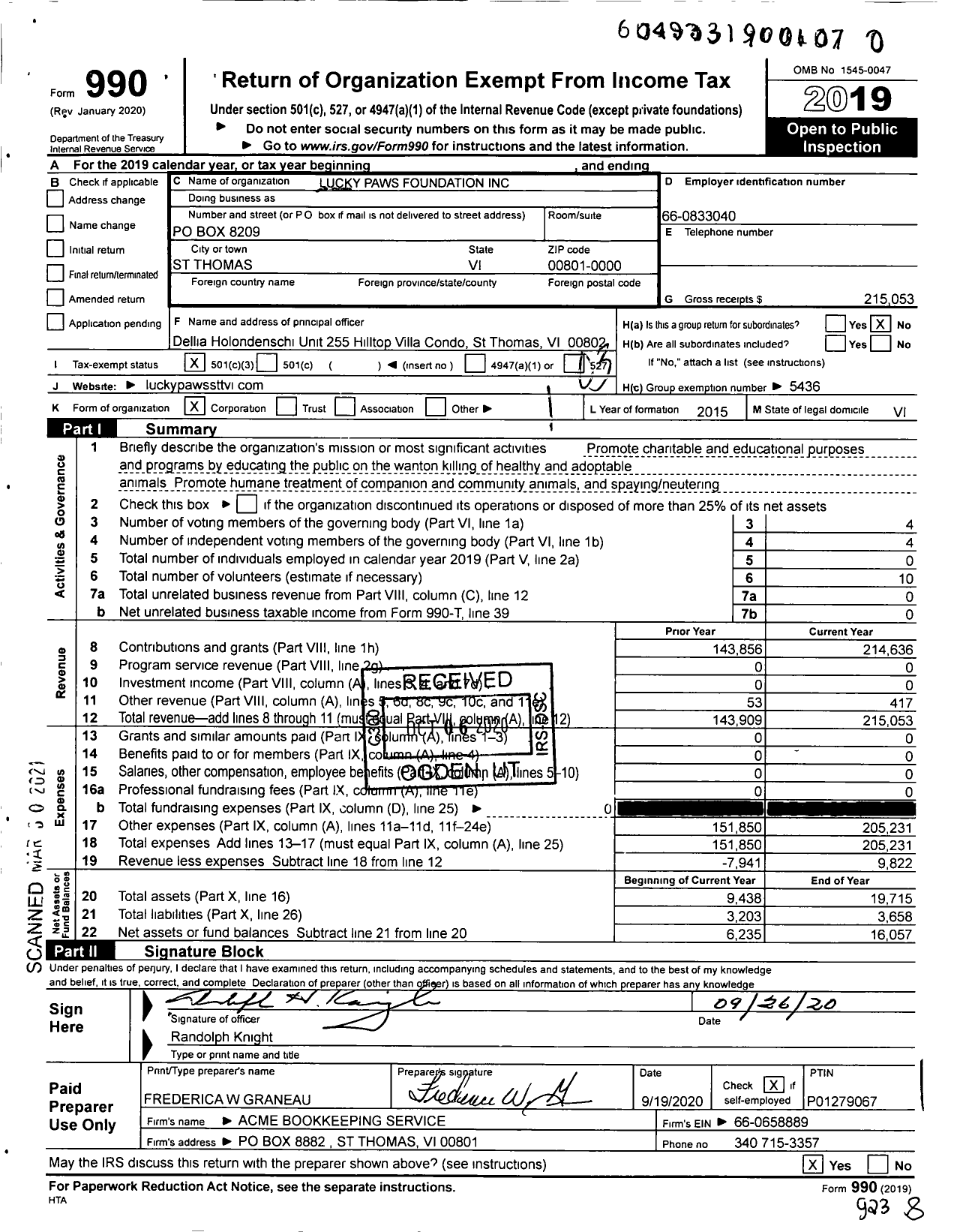 Image of first page of 2019 Form 990 for Lucky Paws Foundation