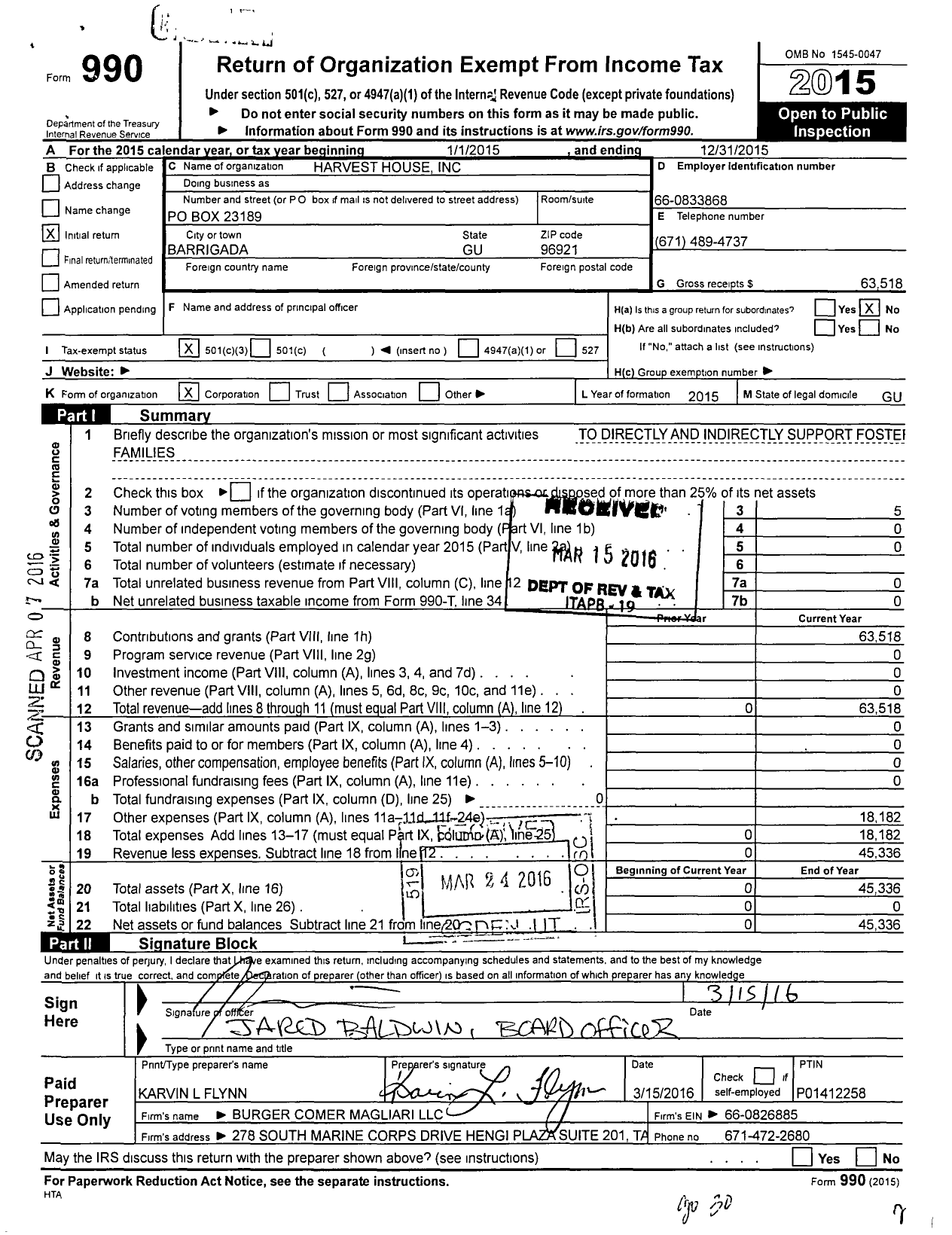 Image of first page of 2015 Form 990 for Harvest House