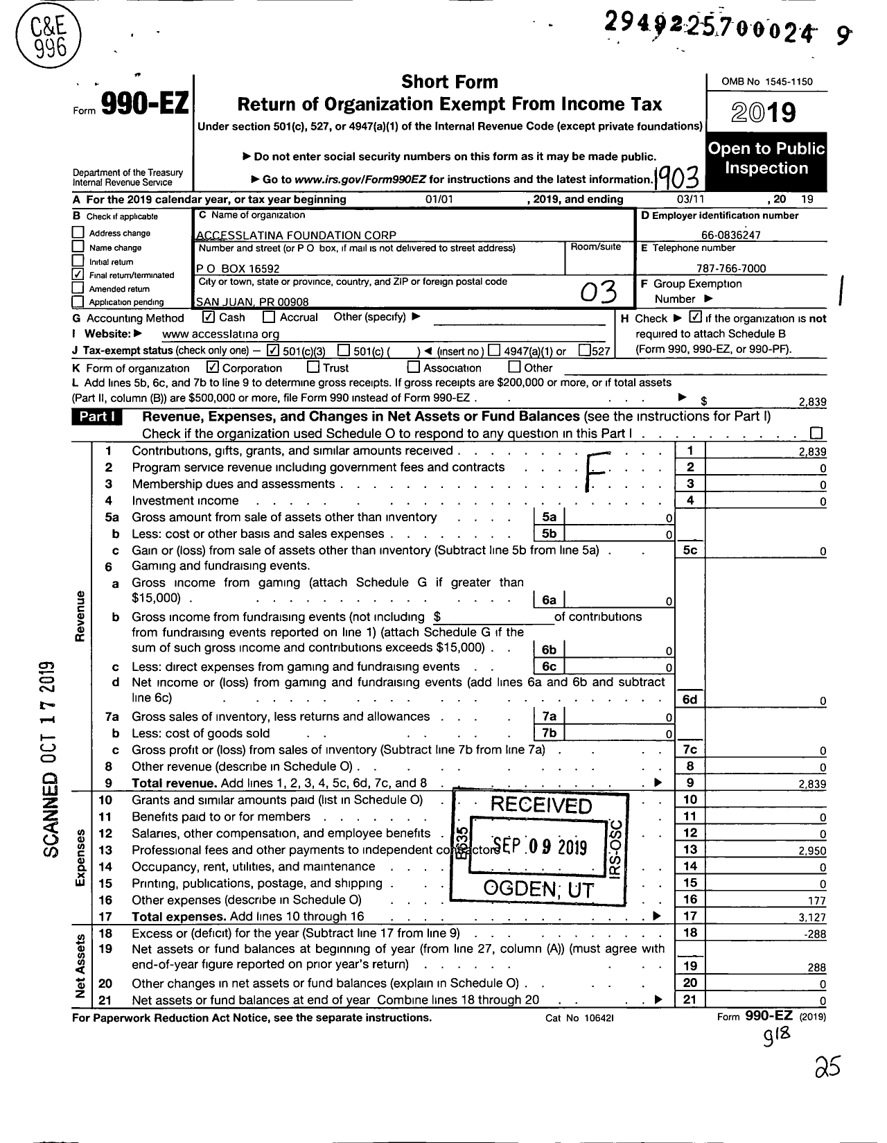 Image of first page of 2018 Form 990EZ for Accesslatina Foundation Corporation