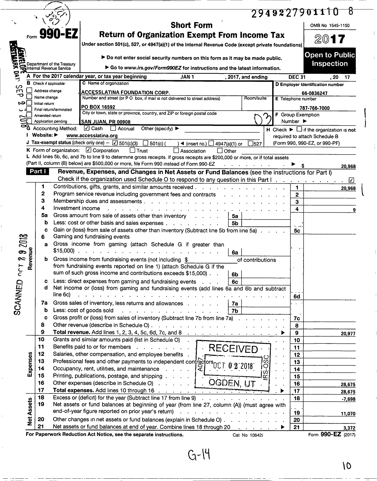 Image of first page of 2017 Form 990EZ for Accesslatina Foundation Corporation