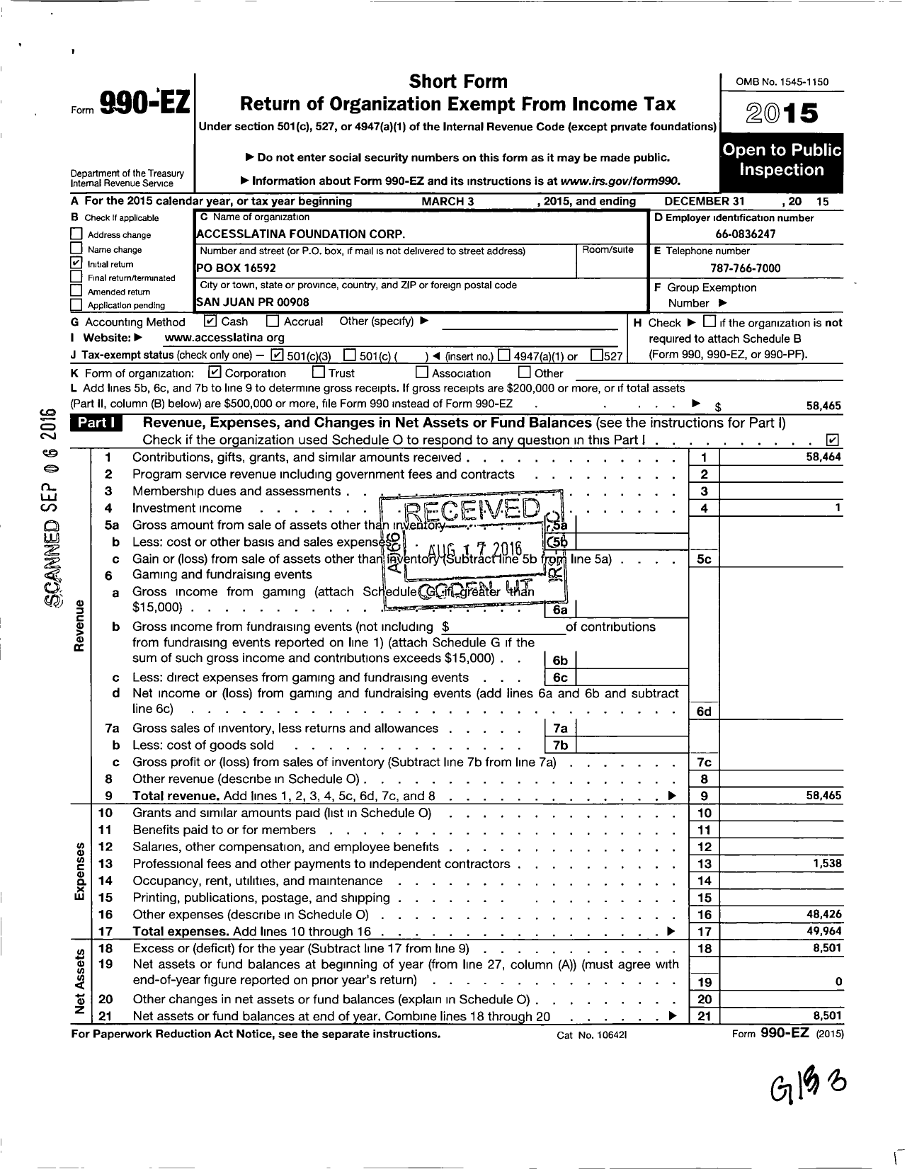 Image of first page of 2015 Form 990EZ for Accesslatina Foundation Corporation