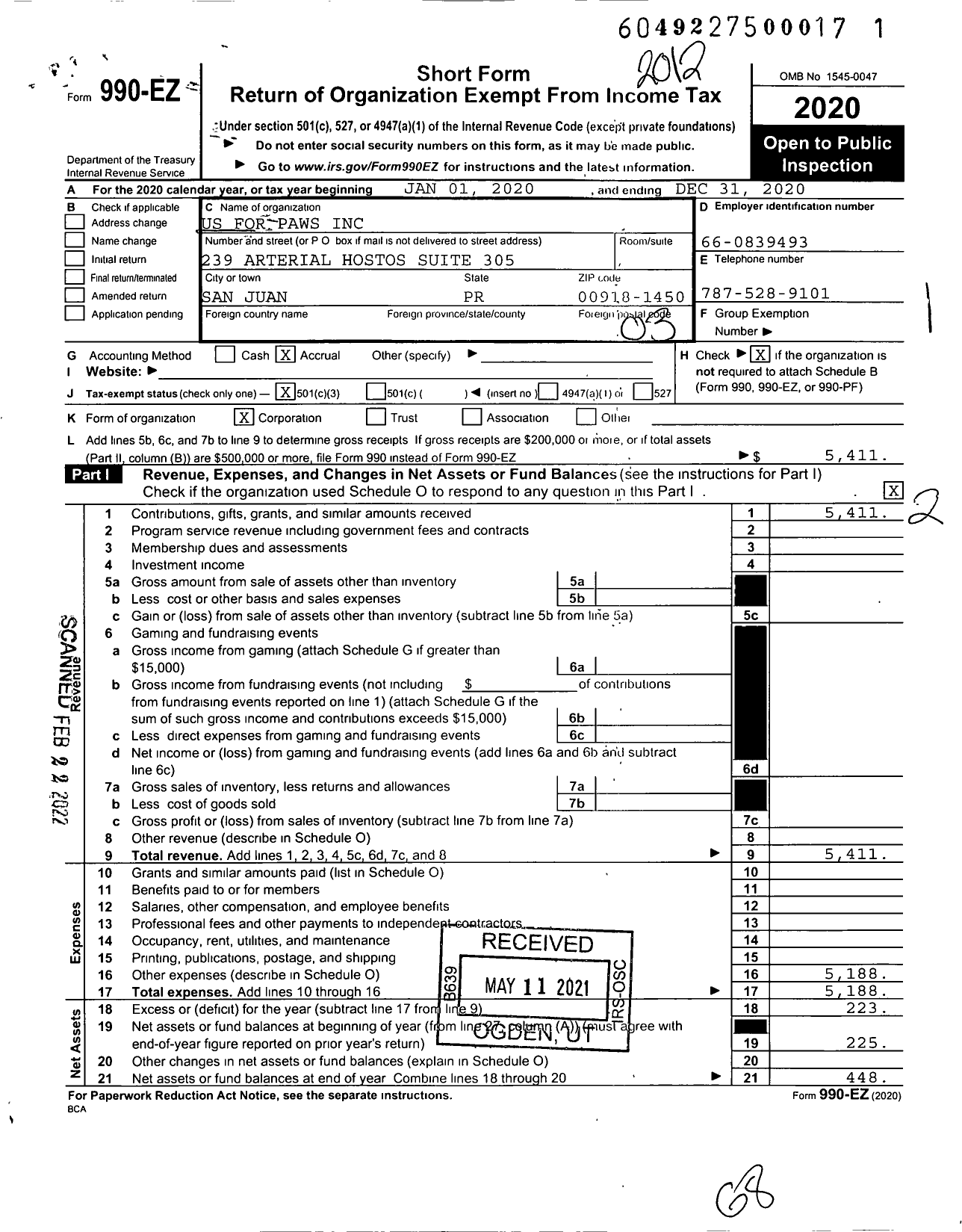 Image of first page of 2020 Form 990EZ for Us for Paws