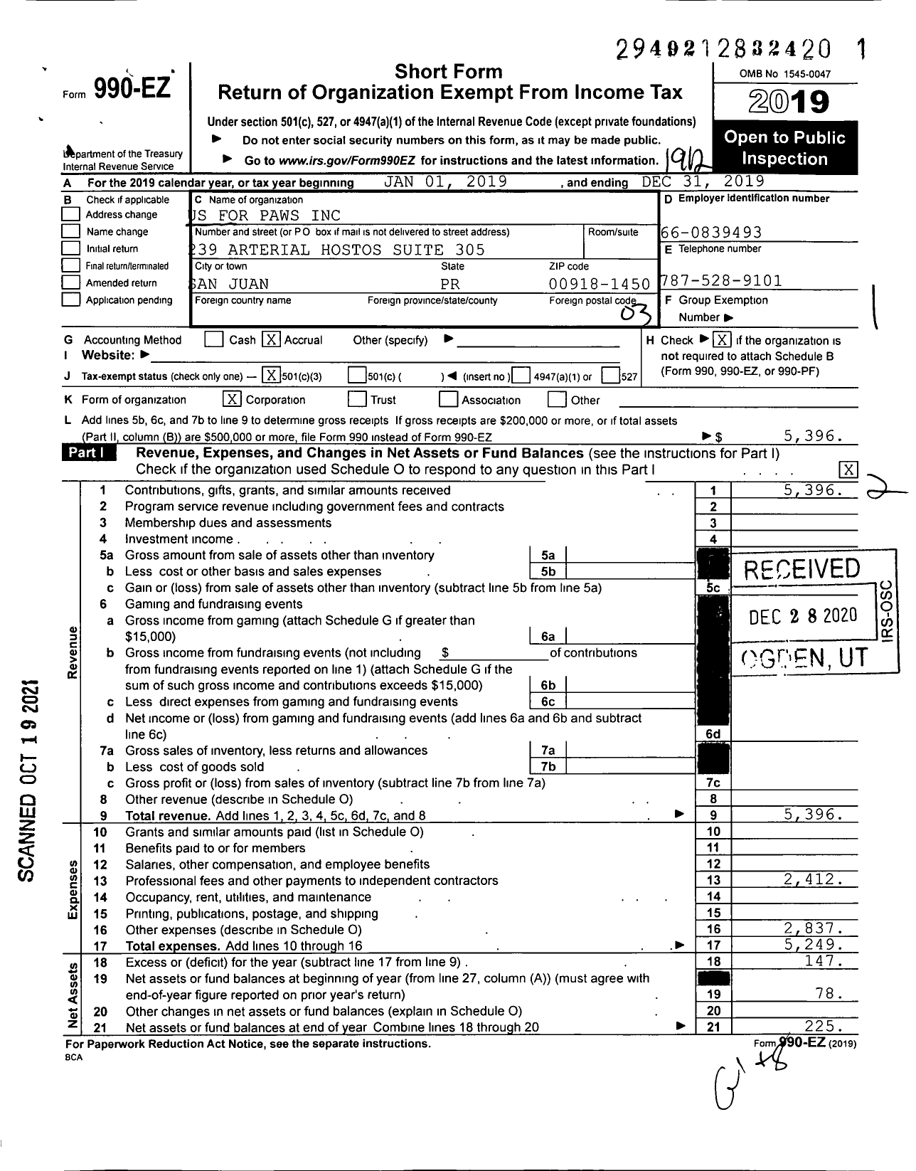 Image of first page of 2019 Form 990EZ for Us for Paws