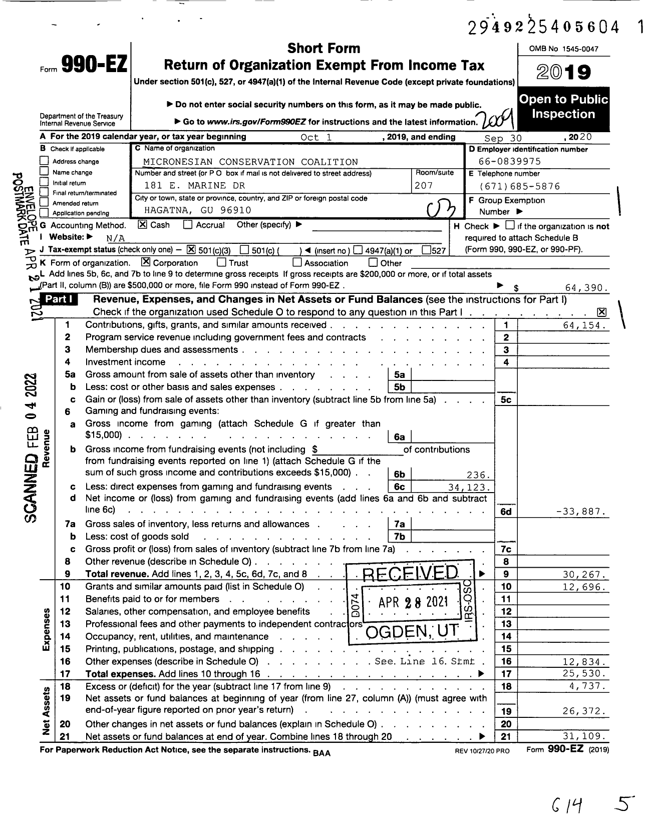 Image of first page of 2019 Form 990EZ for Micronesian Conservation Coalition