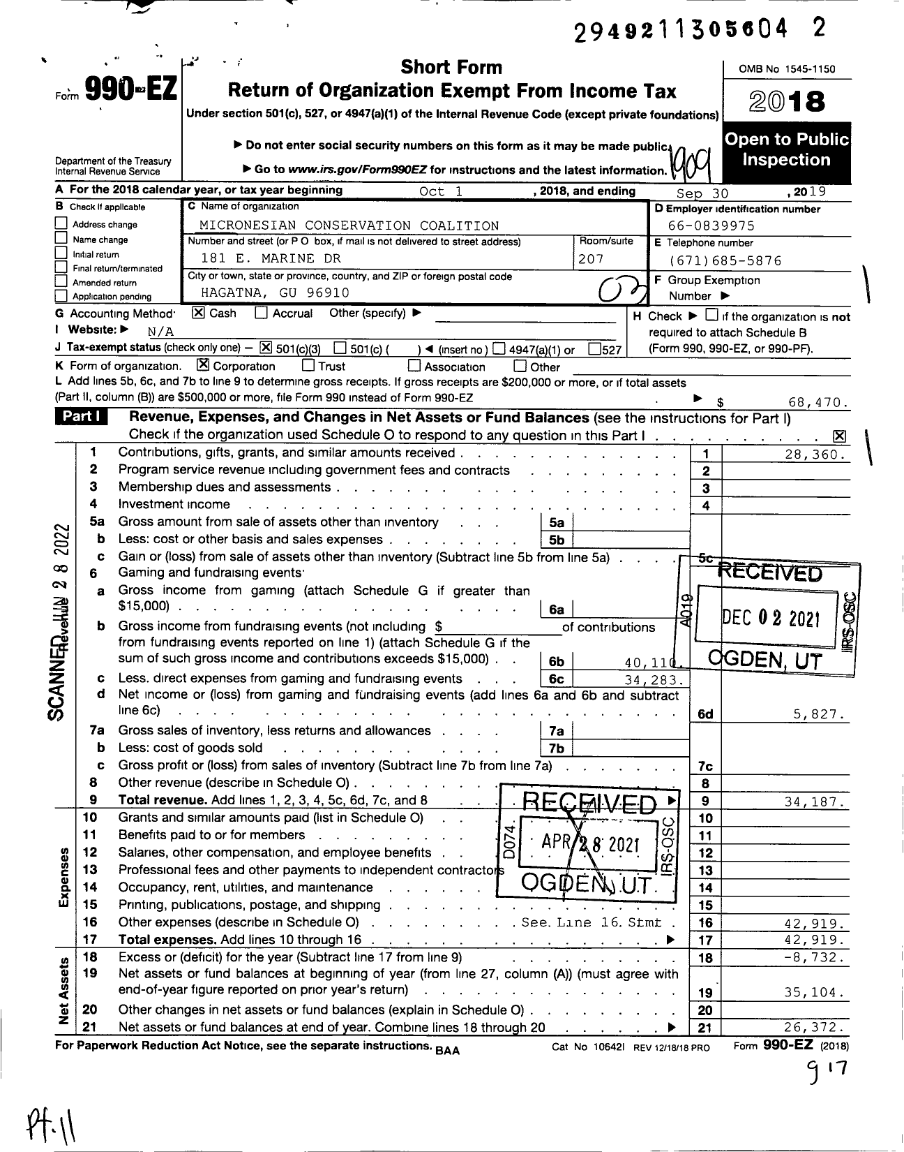 Image of first page of 2018 Form 990EZ for Micronesian Conservation Coalition