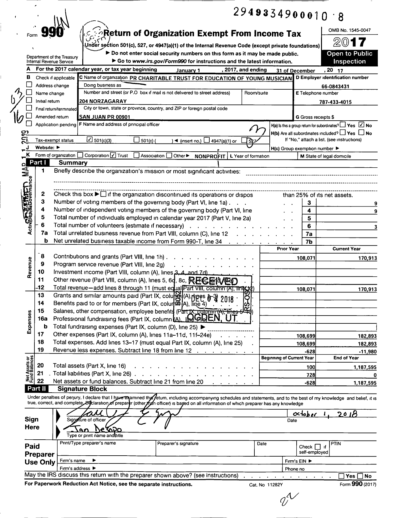 Image of first page of 2017 Form 990 for PR Charitable Trust for Education of Young Musicians