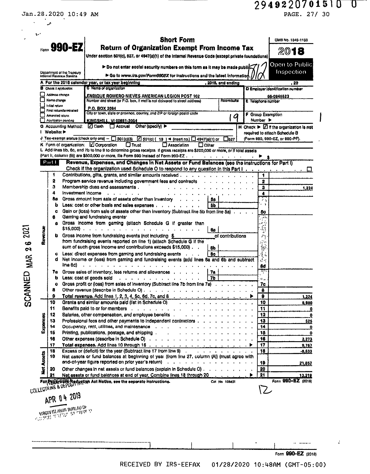 Image of first page of 2018 Form 990EO for Enrique Romero Nieves American Legion Post 102