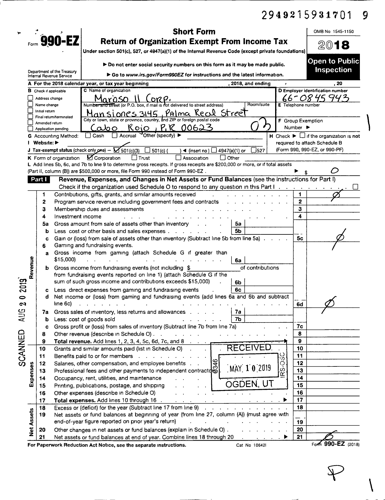 Image of first page of 2018 Form 990EZ for Maroso Ii Corporation